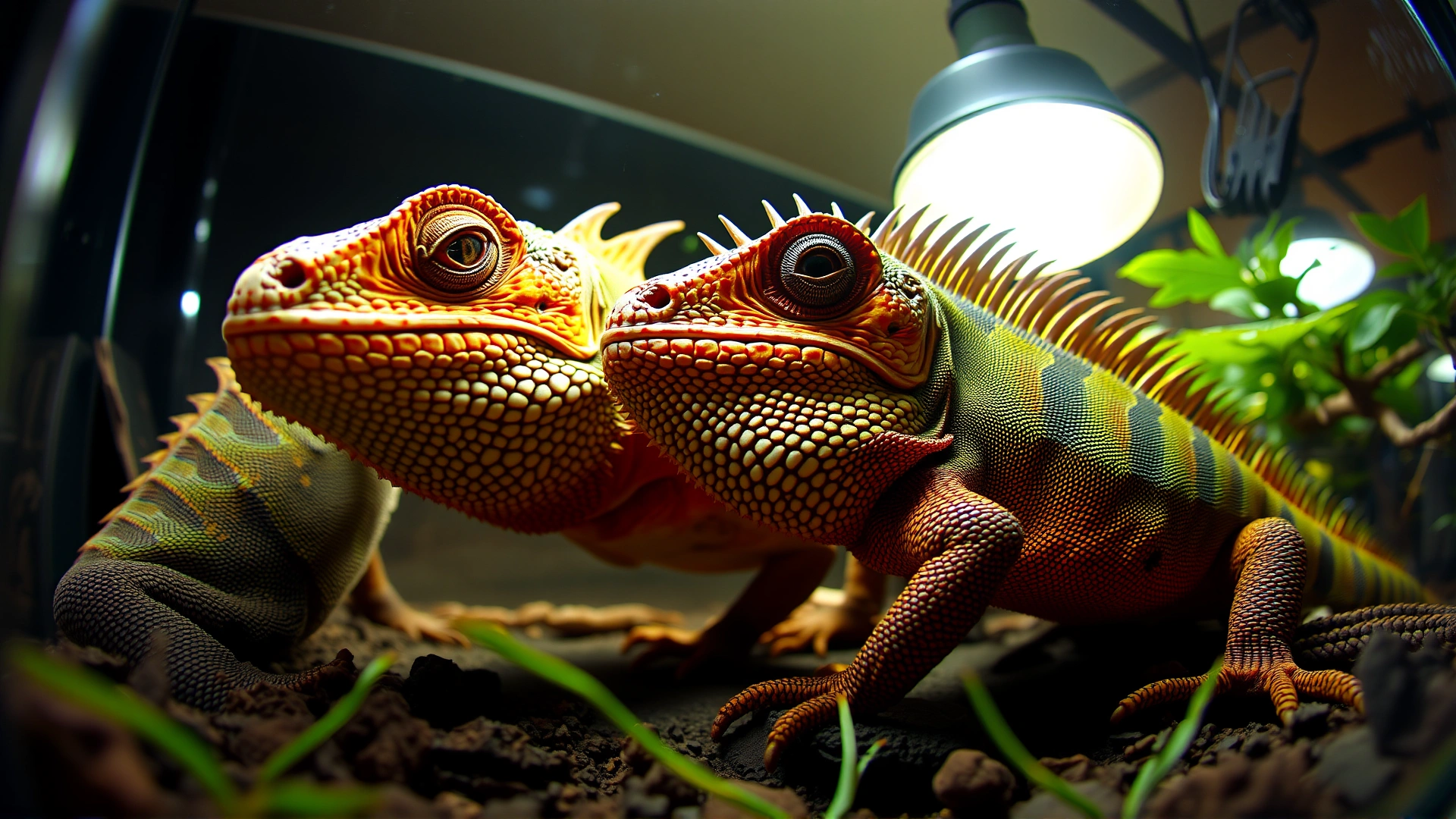 Wide-angle shot of a vibrant reptile (iguanas or beardie) basking under terrarium lights, conveying overall reptile health and environment