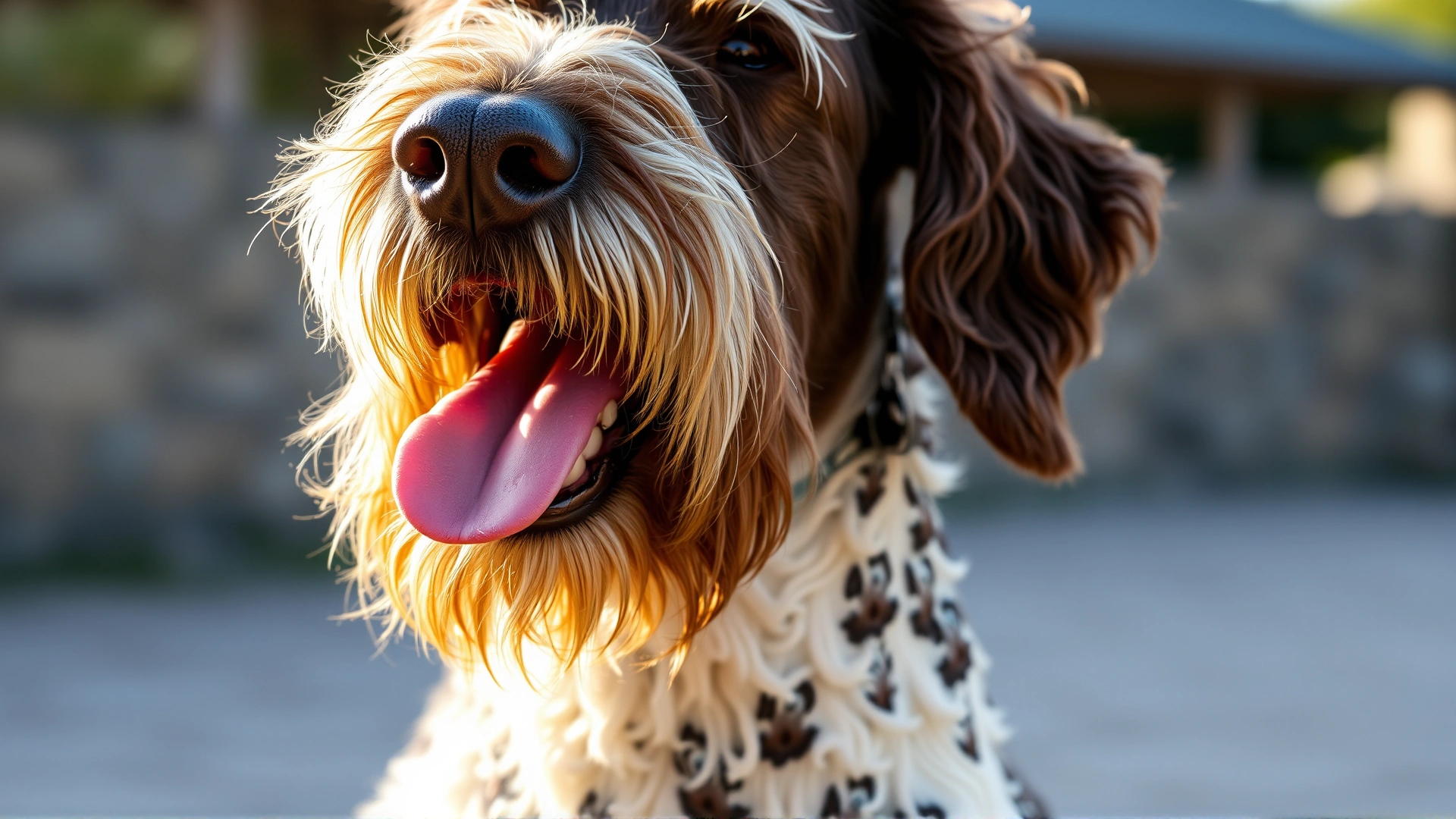 Close-up of a happy Spinone Italiano with tongue out, outdoors in soft natural light
