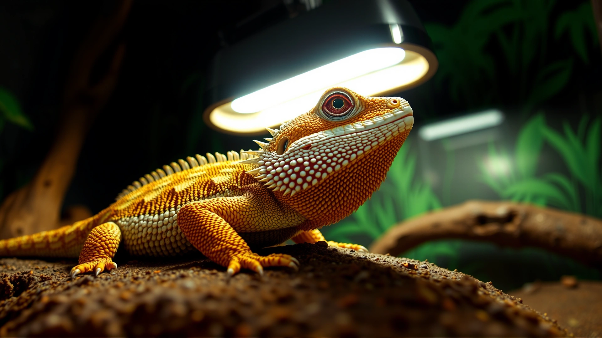 Wide-angle shot of a colorful terrarium setup with a healthy bearded dragon basking under UVB lighting, vibrant greenery and proper substrate visible, high-resolution