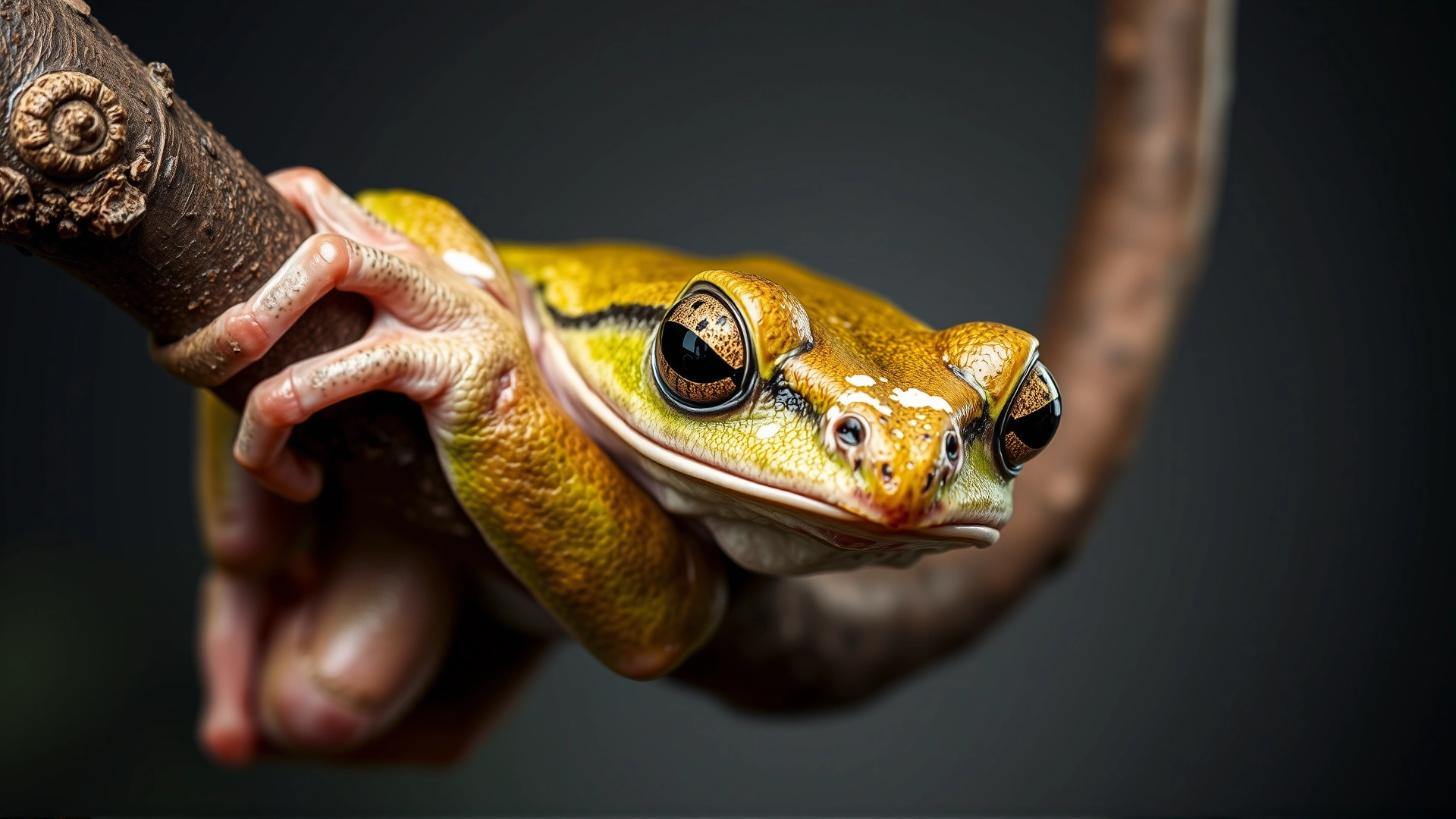 Dramatic close-up of a concerned-looking tree frog clinging to a branch, with subtle white patches on its skin hinting at fungal infection.