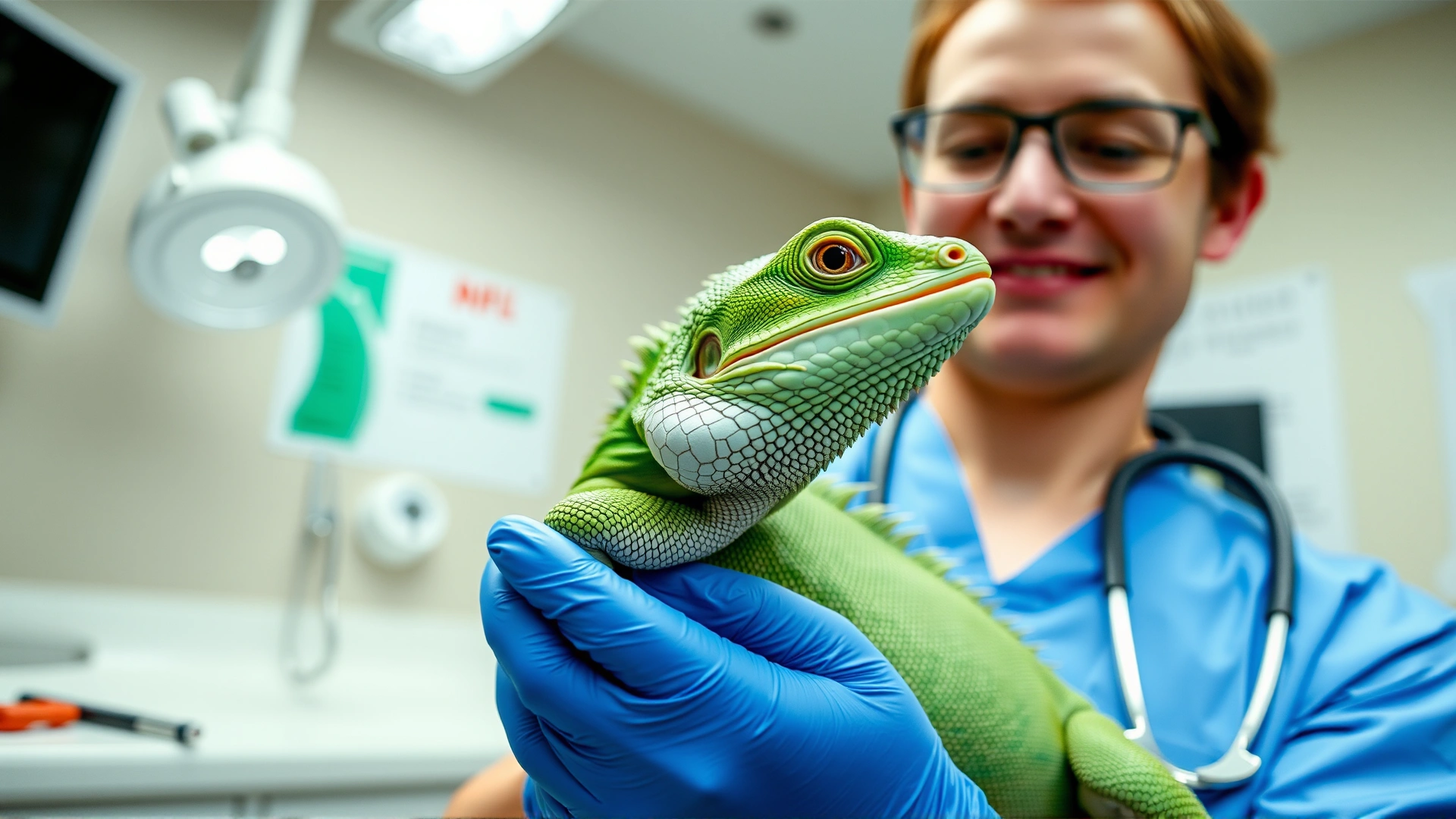 Wide-angle shot of a veterinarian gently holding a green iguana in a bright clinic, with exam tools blurred in the background, conveying care and professionalism