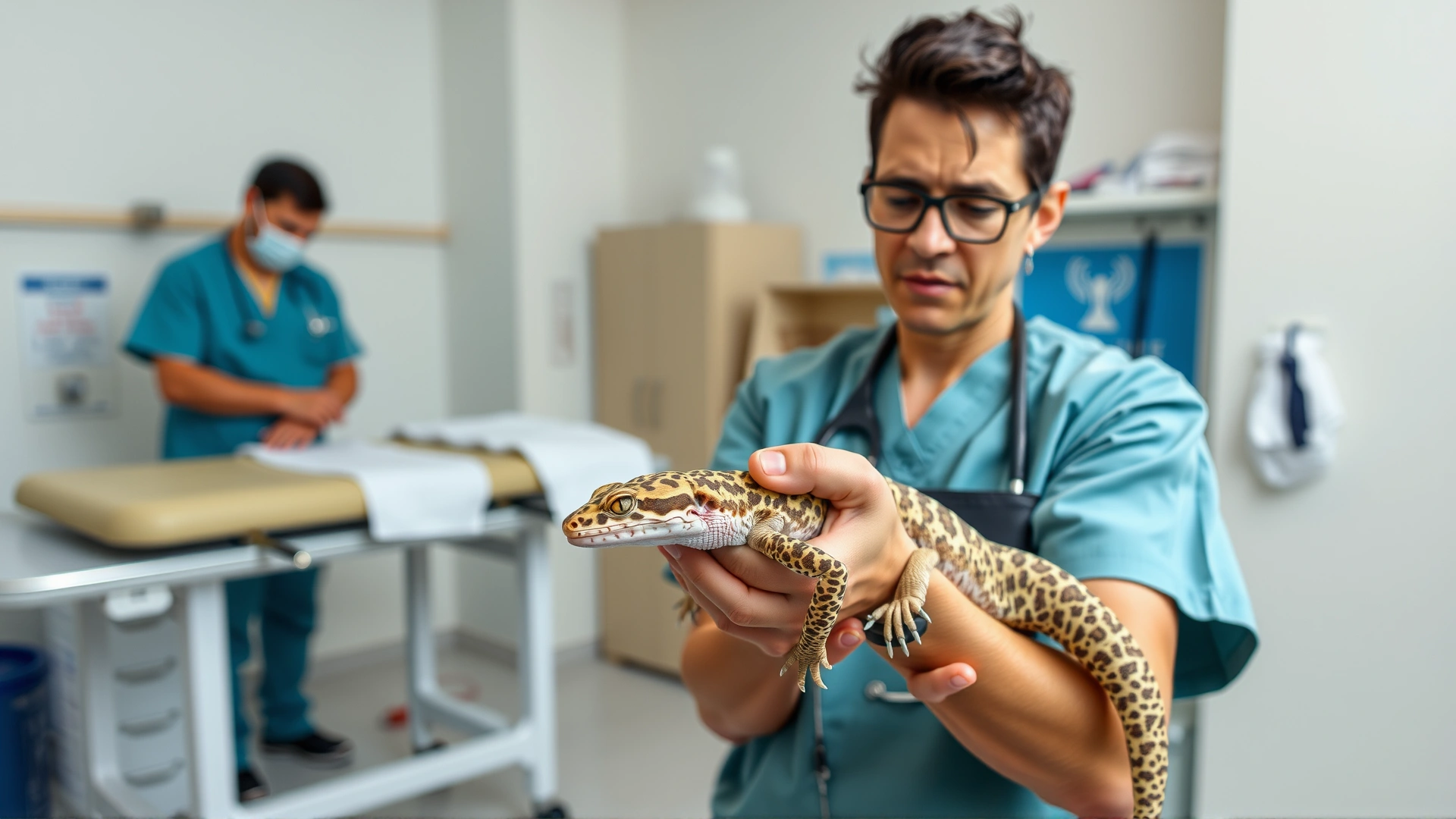 Worried reptile owner holding an injured leopard gecko while a veterinarian prepares a treatment table in the background, bright veterinary clinic setting.