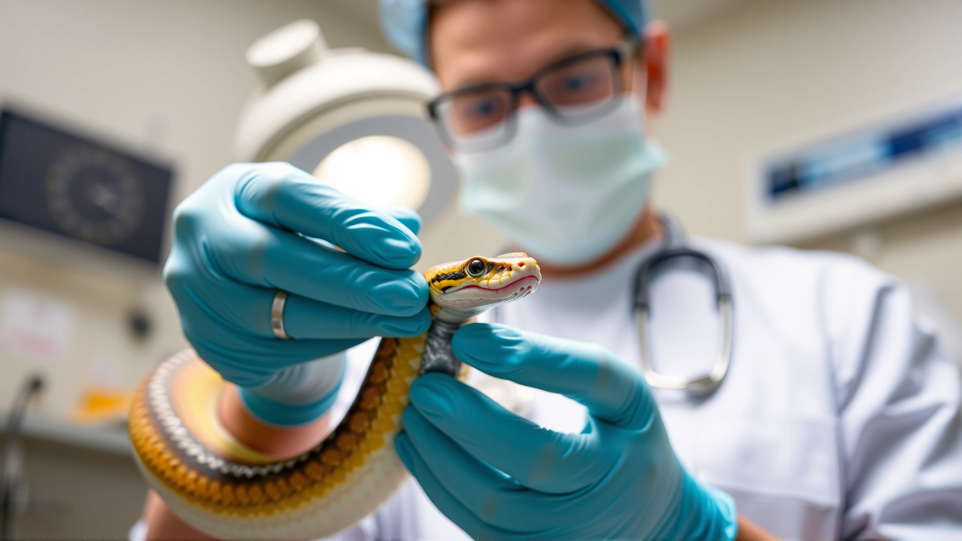 Wide hero image of a veterinarian holding a mildly injured corn snake, gently examining a small wound under clinic lighting. The background shows veterinary equipment slightly out of focus.