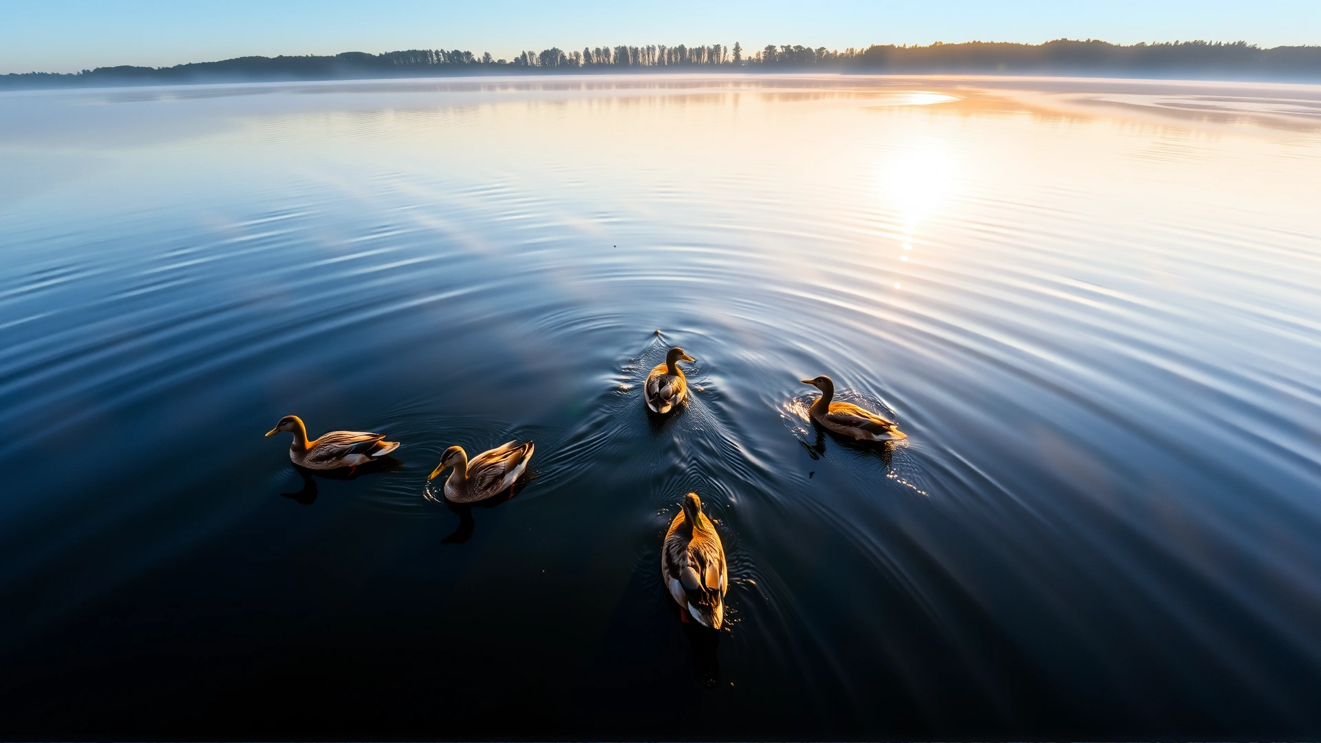 Wide-angle photo of a lake at dawn with a group of ducks swimming toward camera, light morning mist over water.