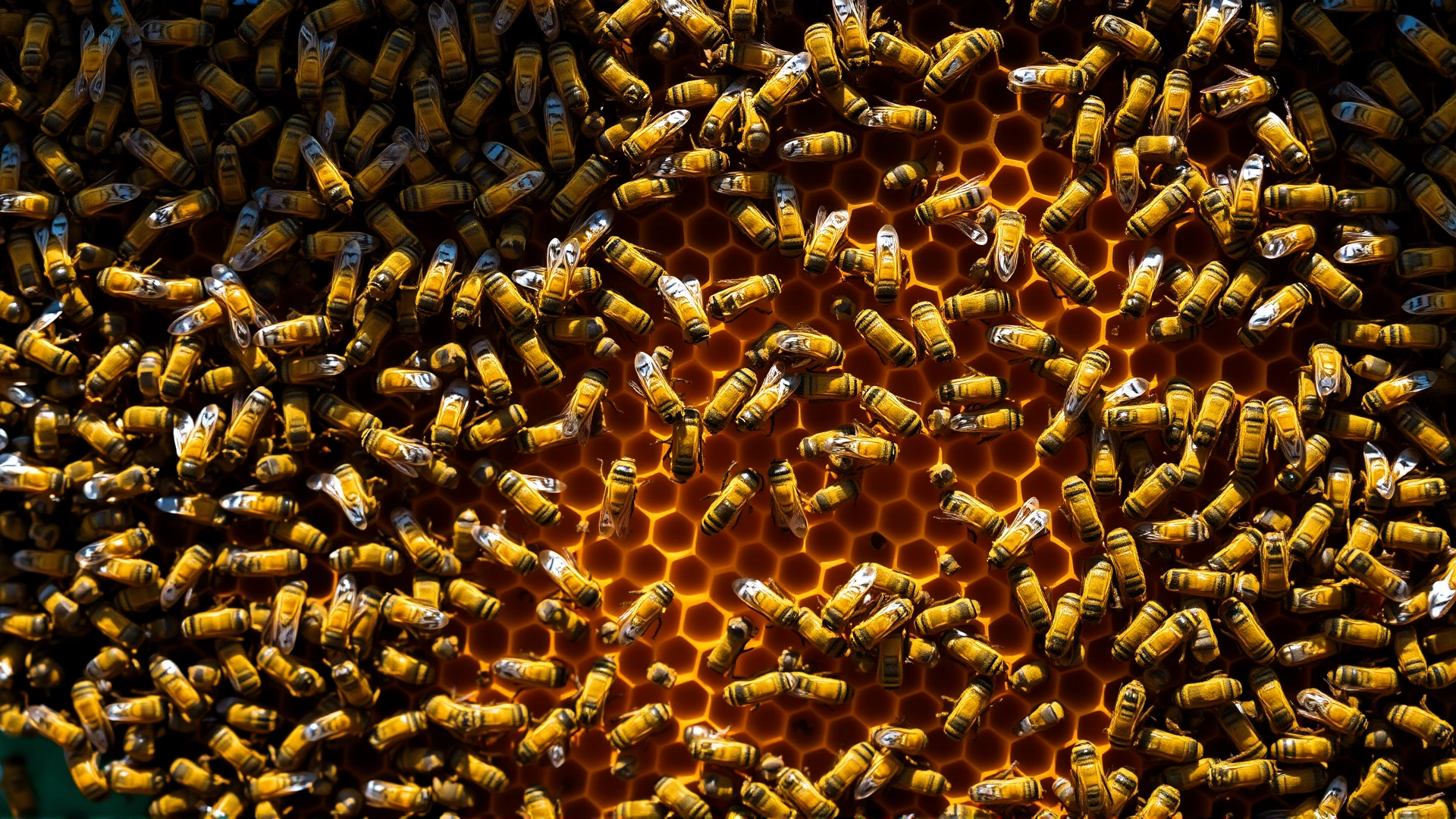 Top-down macro shot of a vibrant bee colony densely covering a wooden frame filled with golden honeycomb; bees visibly moving and glistening in natural light.