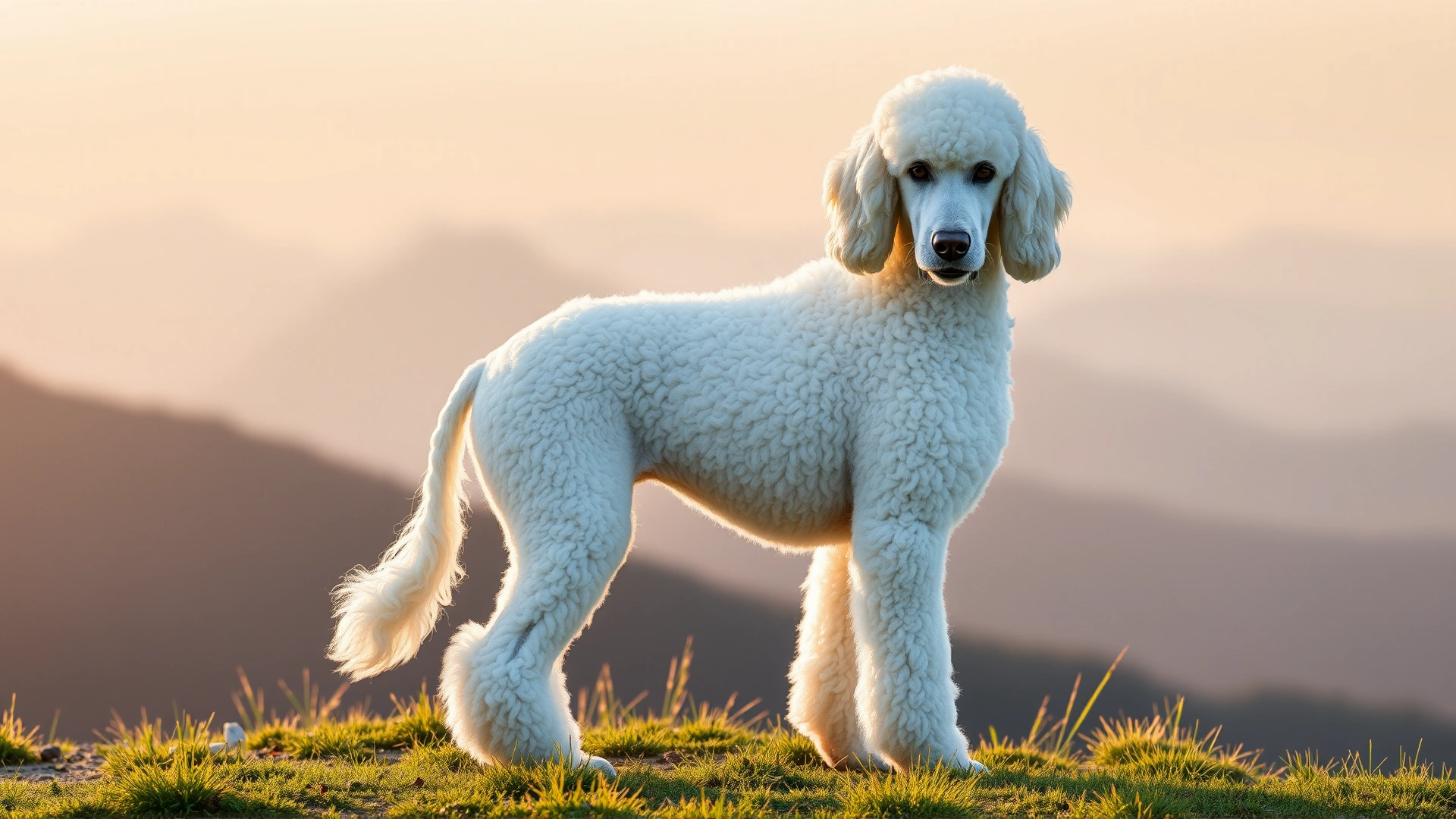 A regal white Standard Poodle standing on a grassy hill at dawn with soft sunlight illuminating its curly coat, mountains faintly visible in the background.