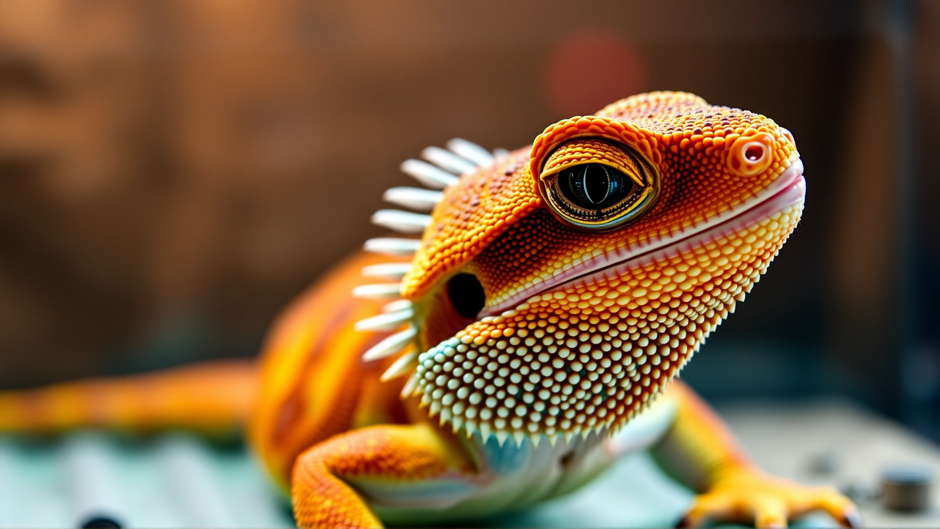 Close-up portrait of a colorful bearded dragon under warm terrarium lighting, shallow depth of field showcasing detailed scales.