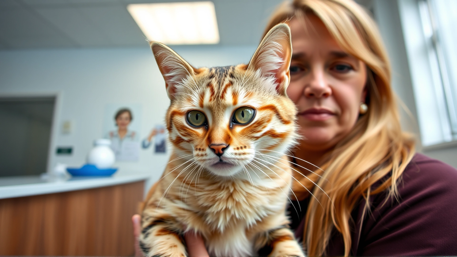 Wide-angle image of a concerned cat owner holding her middle-aged tabby cat at a veterinary clinic reception, emphasizing care and medical context.