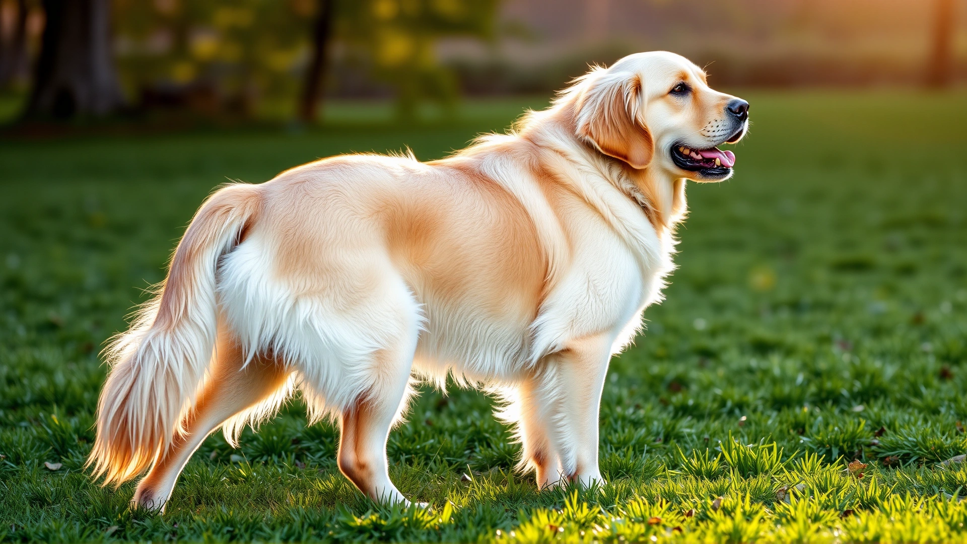 Golden Retriever standing on green grass, gently scratching its ear with hind leg, warm sunlight, wide banner orientation, high resolution