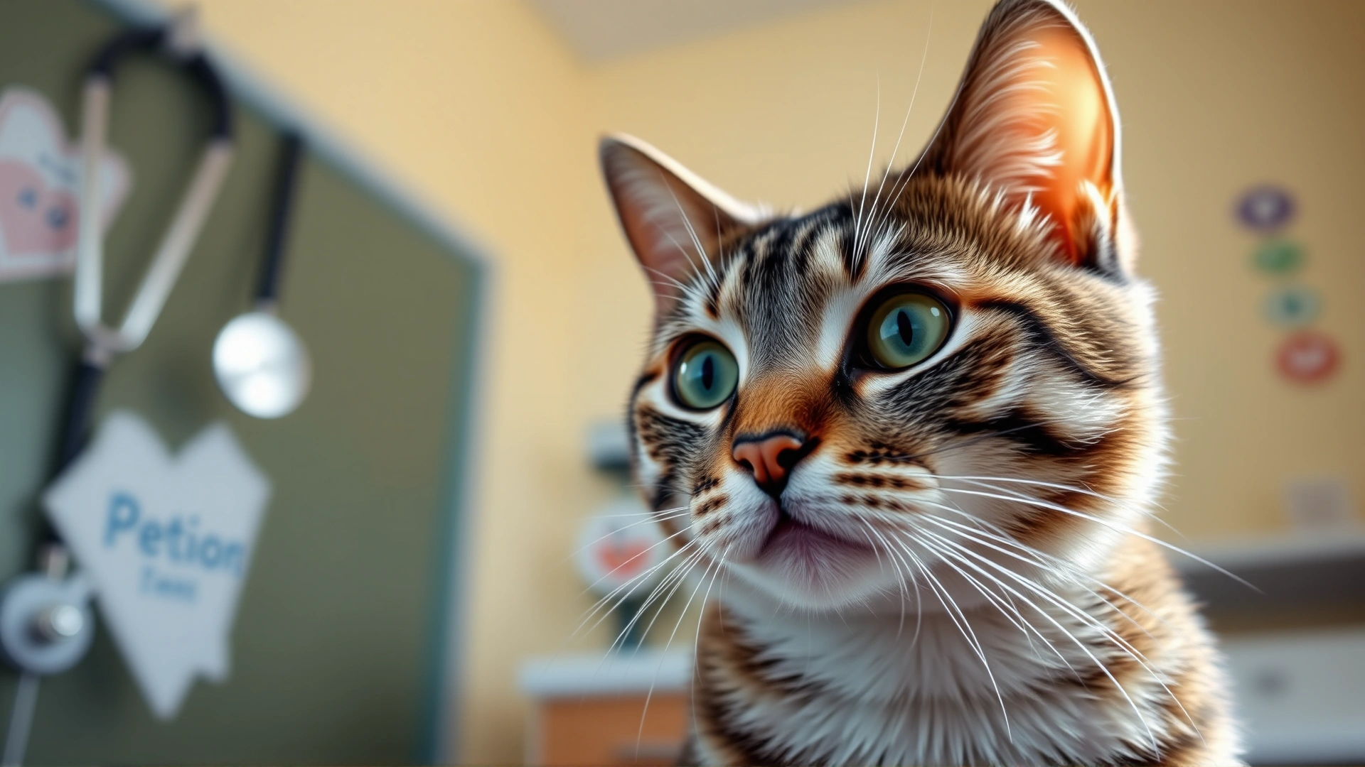 Close-up, eye-level shot of a healthy adult cat looking alert at a veterinary clinic with soft natural light, stethoscope and medical supplies blurred in background