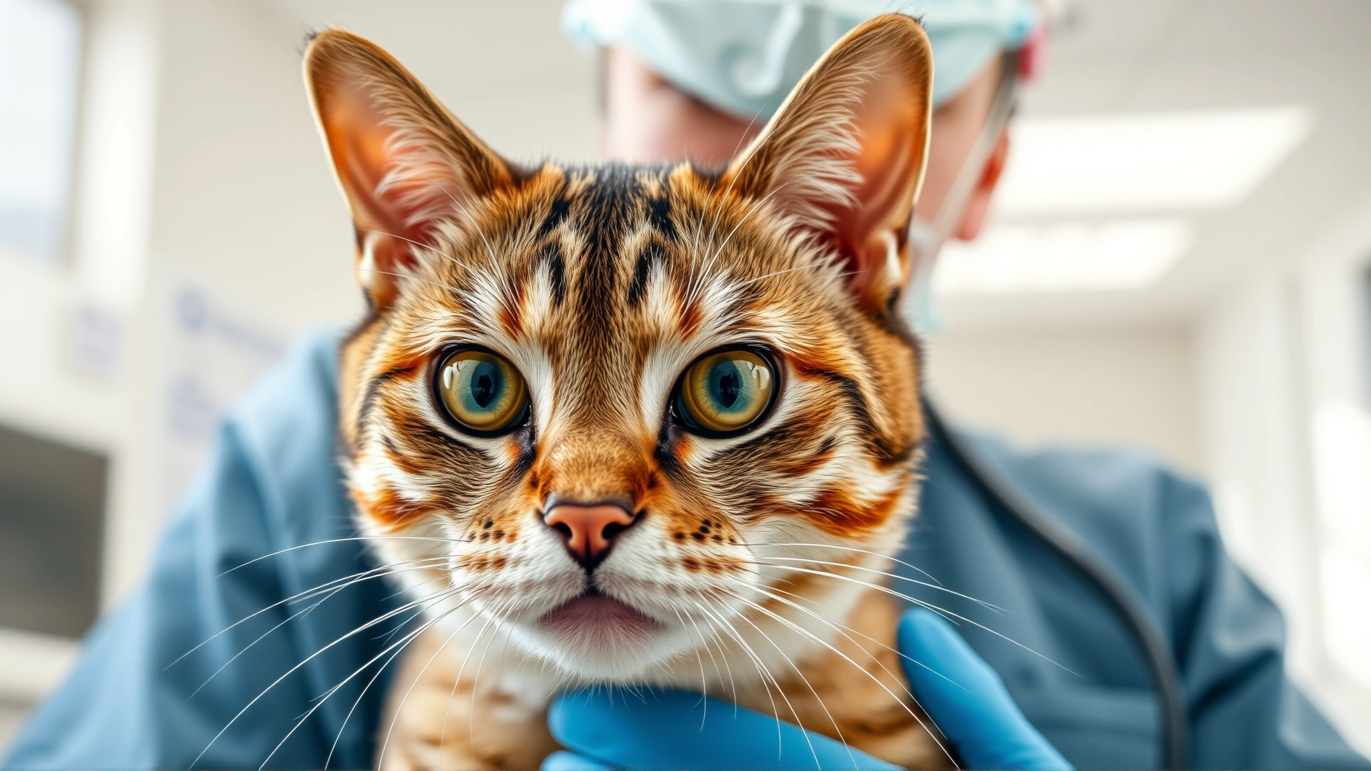 Close-up of a concerned-looking domestic short-haired cat being held gently by a veterinarian in a bright, modern clinic, soft natural light.