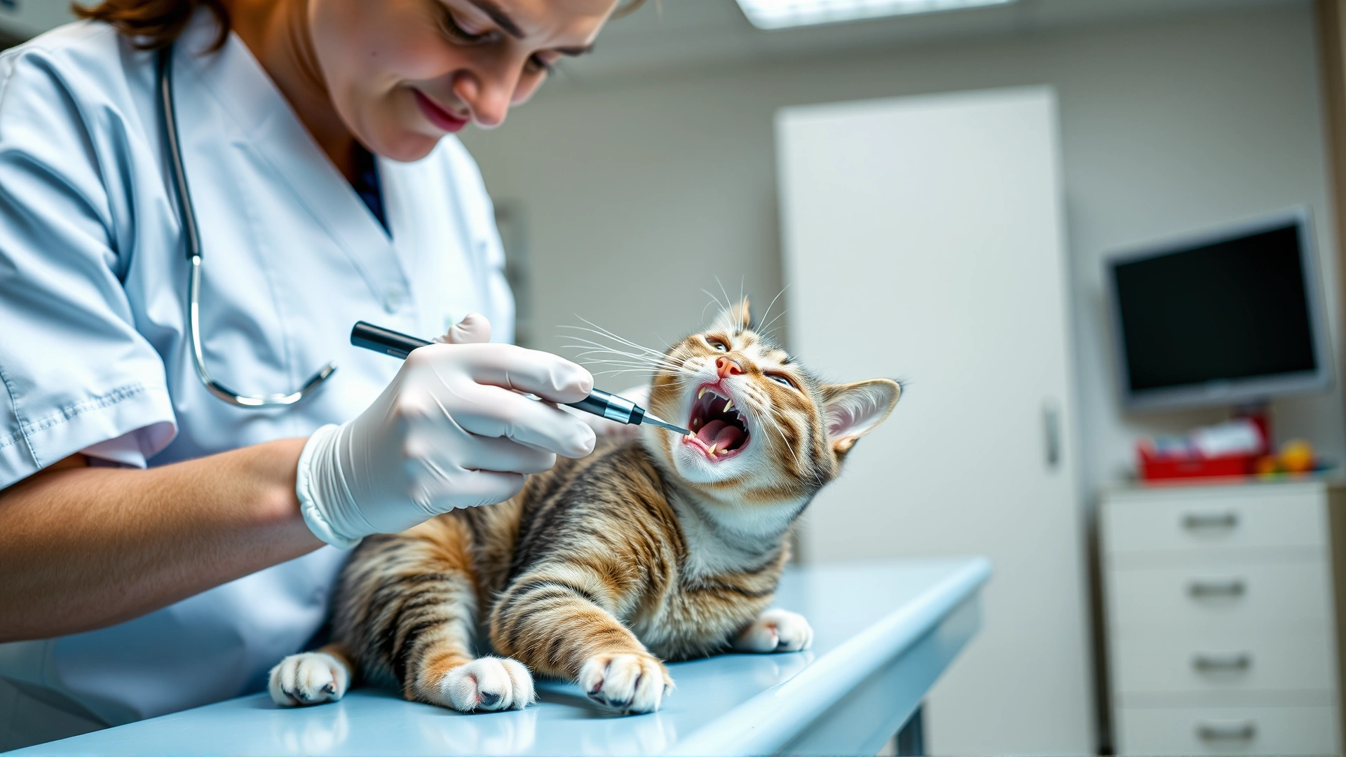 Veterinarian gently examining a domestic short-hair cat's mouth on an exam table, bright clinical setting, horizontal composition
