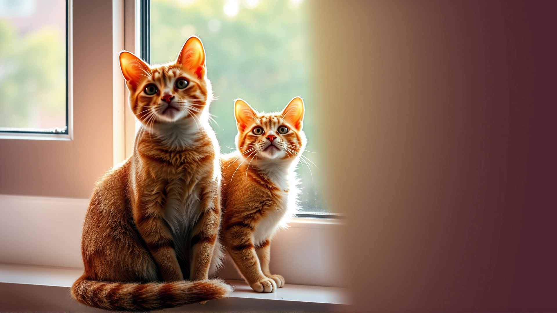 Wide banner image of a calm orange tabby cat sitting on a windowsill bathed in morning light, looking up attentively.