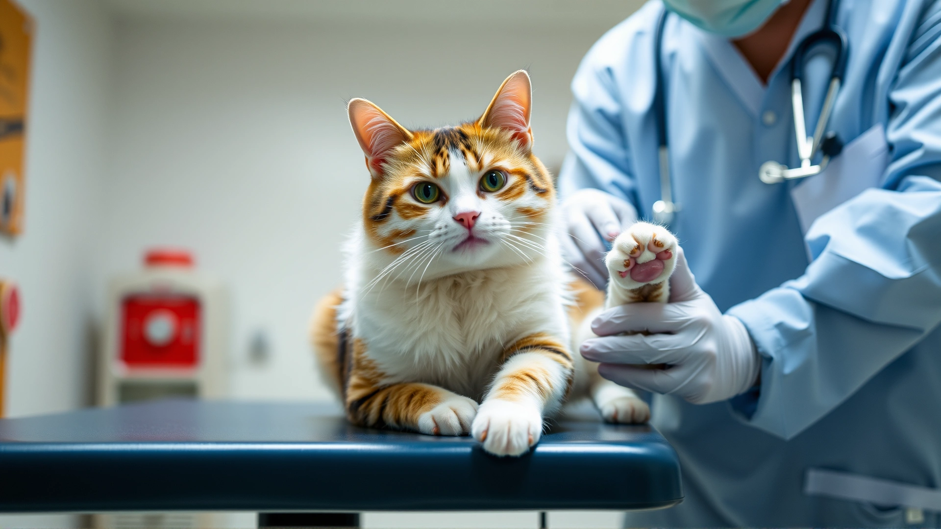 Adult domestic cat sitting calmly on a veterinary examination table while a vet examines its front paw; focus on the paw, bright clinic lighting