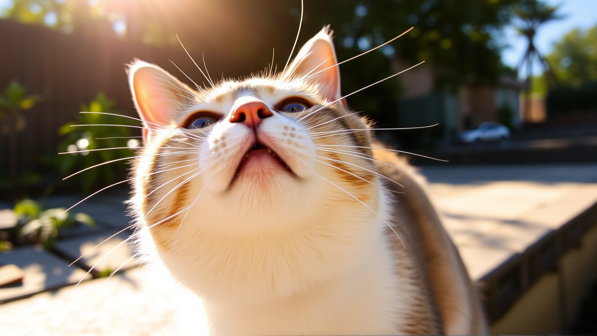 Wide-angle shot of a healthy adult cat sniffing the air outdoors under warm sunlight, evoking curiosity and the importance of the feline sense of smell