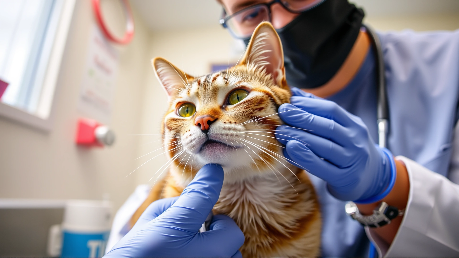 Wide-angle shot of a calm senior cat at the veterinarian's office, with the vet wearing gloves and gently examining the cat's mouth, bright and professional lighting
