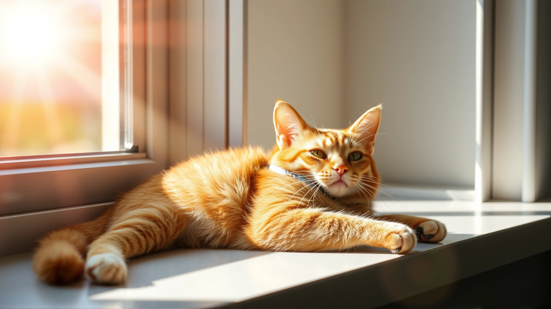 Wide hero banner showing a relaxed orange tabby cat lying on a windowsill basking in sunlight, with a subtle focus on the bright rays hitting its fur, symbolizing UV exposure risk
