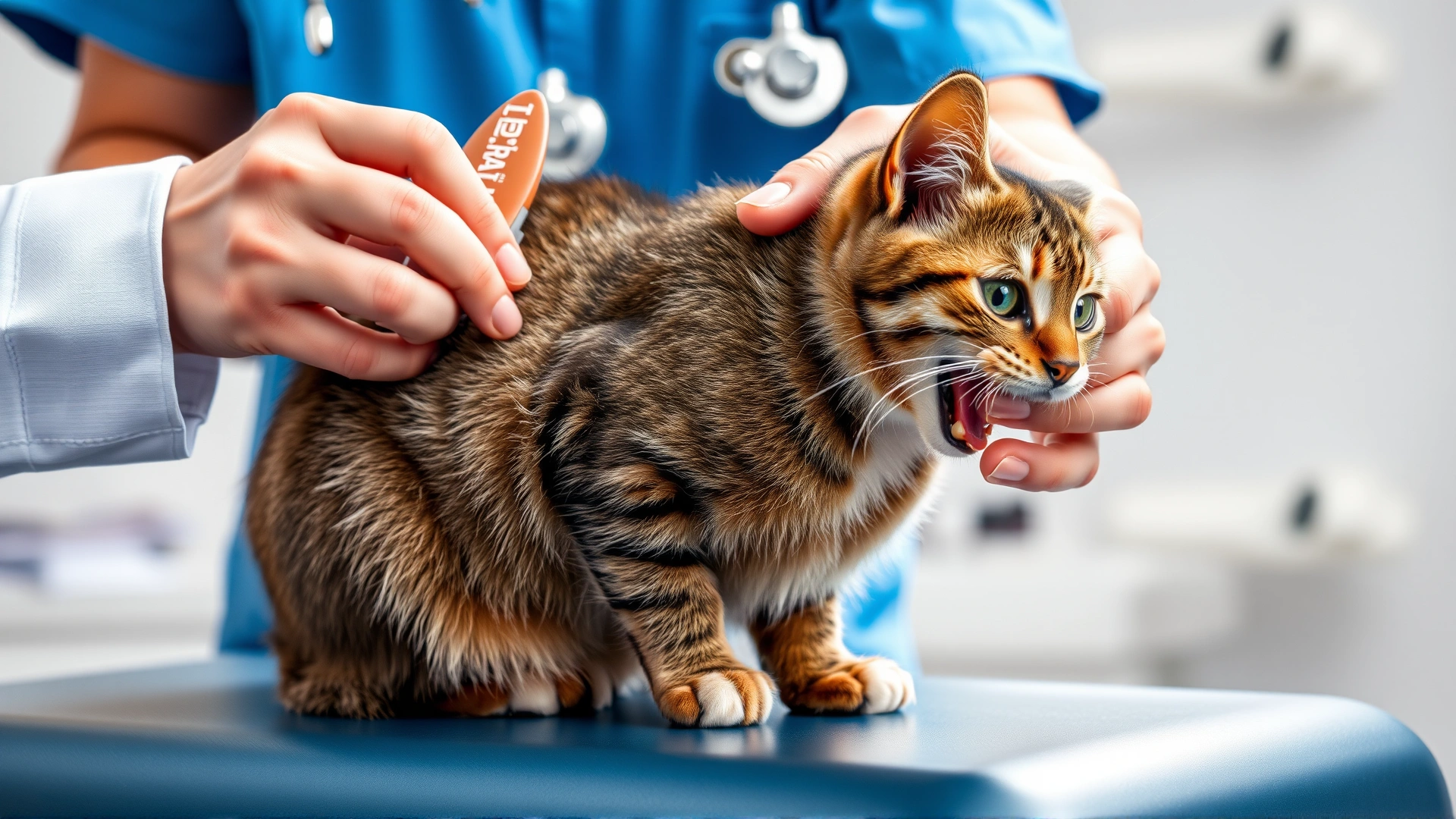 Happy domestic short-haired cat sitting on a veterinarian's examination table while the vet gently inspects its skin under bright clinical lighting, no text.