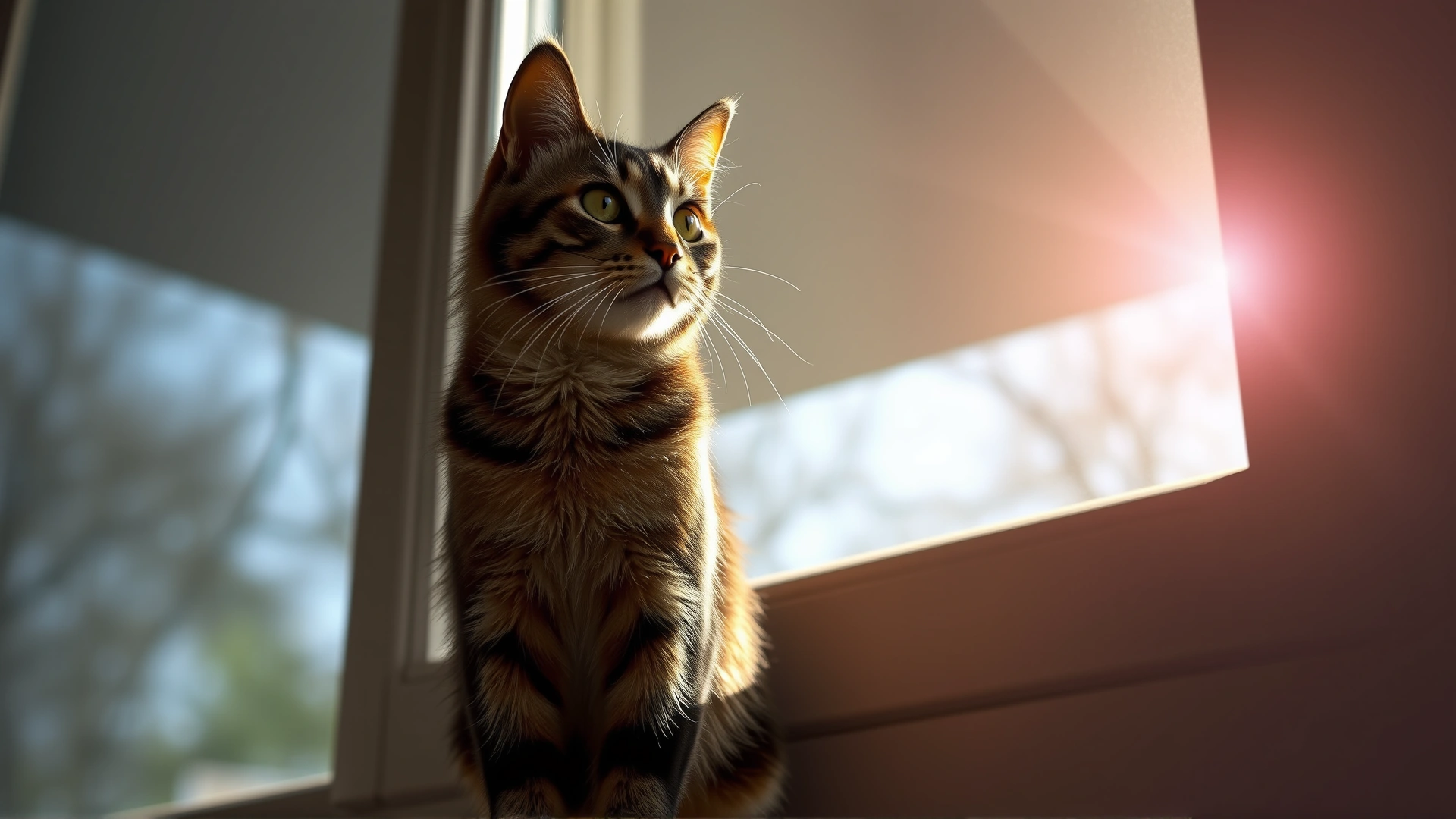 Sunlit portrait of an alert domestic cat standing on a window sill, symbolizing vigilance and early detection of health issues.