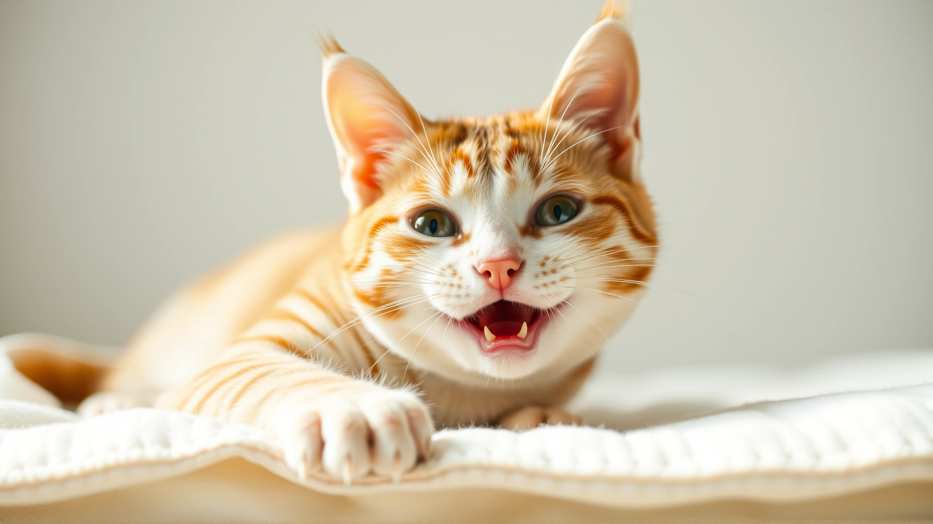 Wide-angle shot of a happy domestic short-haired cat lying on a white blanket, mouth slightly open as if smiling, light and airy background.