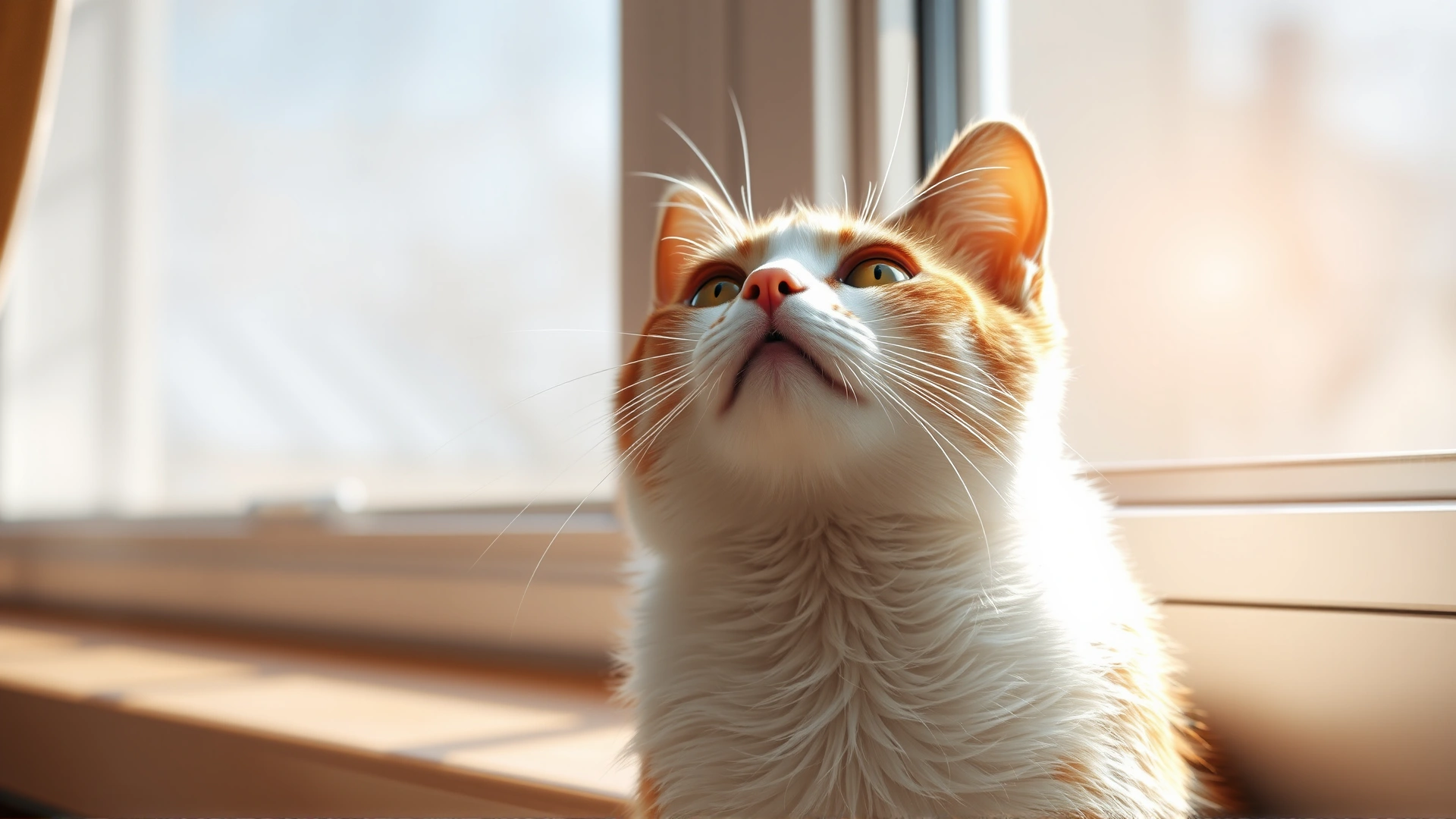 A content domestic cat looking up while sitting near a window with soft sunlight filtering in, symbolizing hope and wellbeing