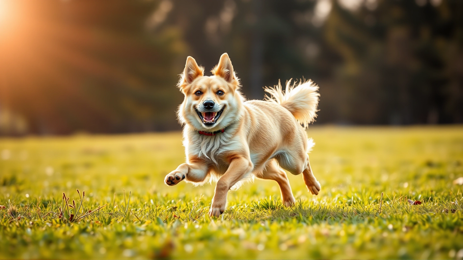 Energetic medium-sized dog running across a grassy field while slightly lifting one paw, sunlight backlighting the scene to hint at paw discomfort.