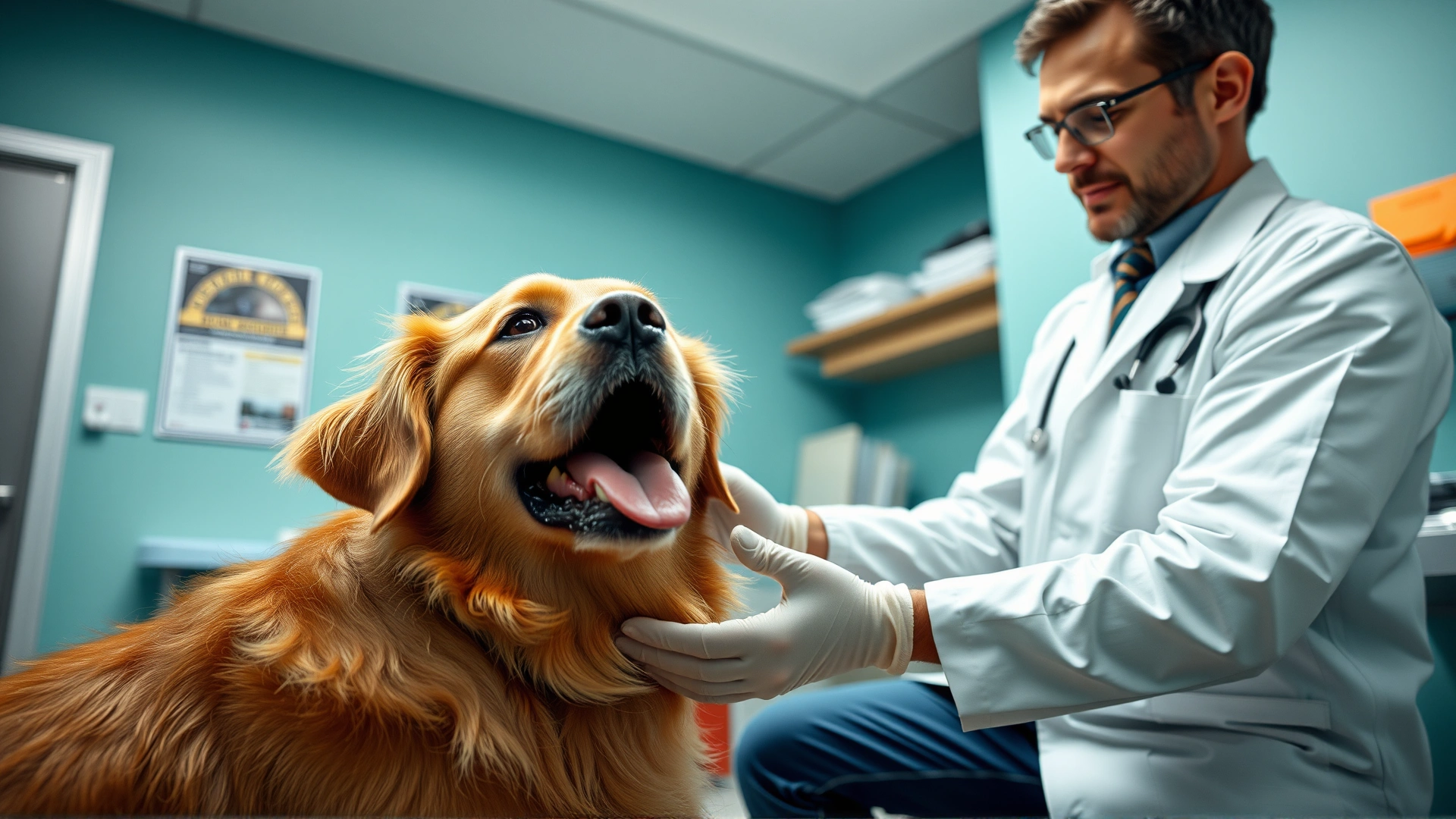 Wide-angle shot of a veterinarian gently examining a golden retriever while the dog’s owner looks on, clinic setting, conveys care and professionalism