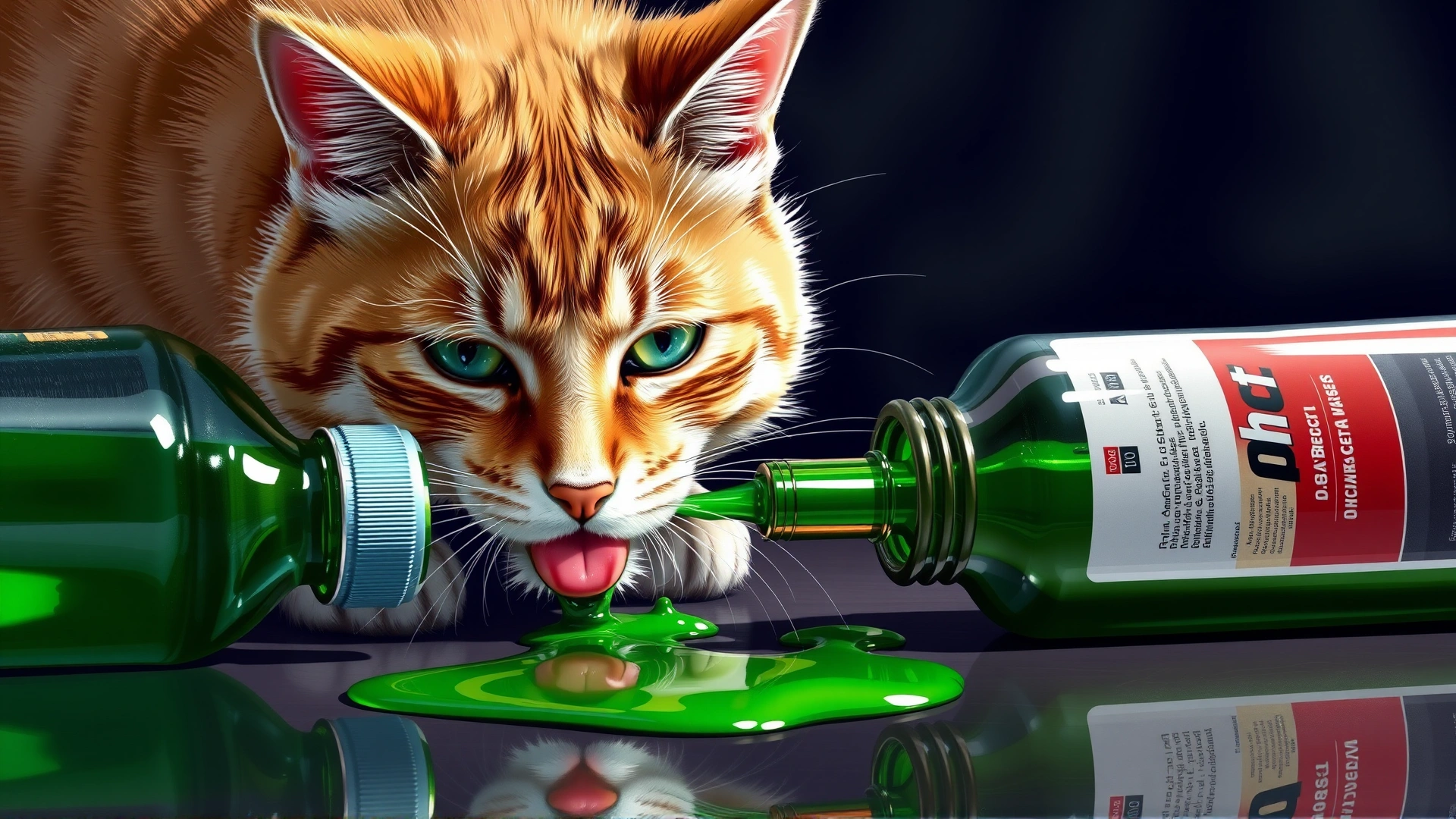 Illustration of a cat licking a suspicious green liquid next to a tipped-over antifreeze bottle, dramatic lighting.