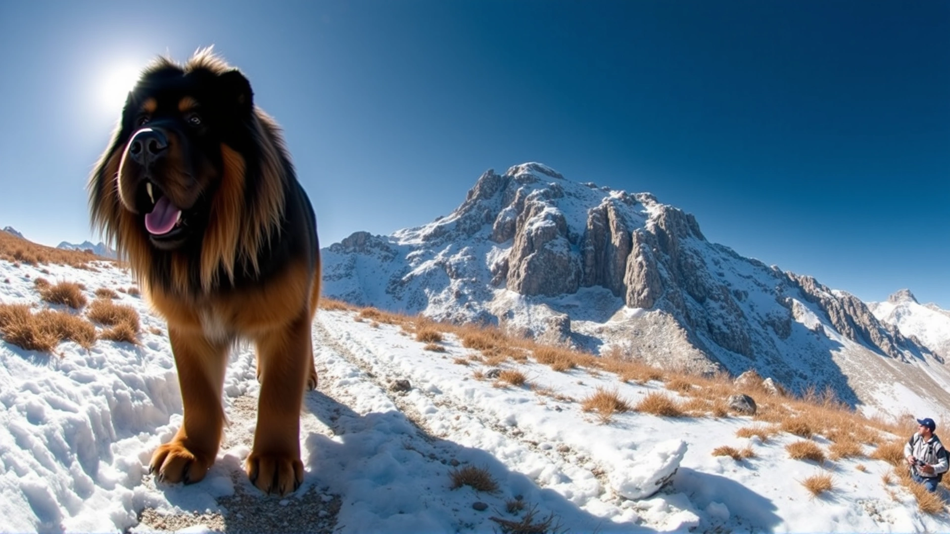 Wide-angle photo of a Tibetan Mastiff walking along a snowy mountain trail under a clear blue sky, conveying adventure and strength.