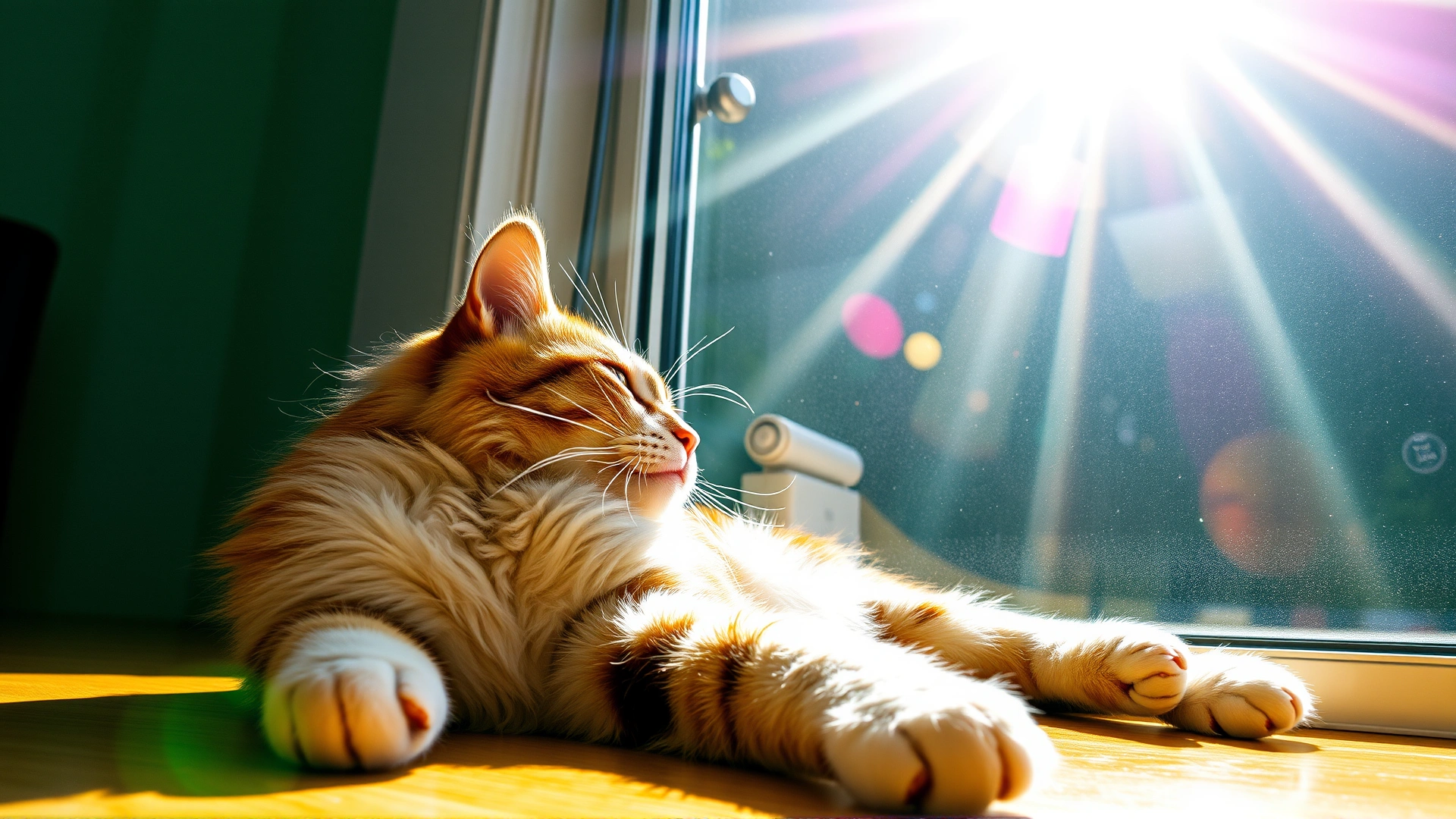 Wide-angle shot of a cat lounging near a sunny window with bright sunlight streaming in, conveying a hot summer atmosphere, high-resolution photo, no text.