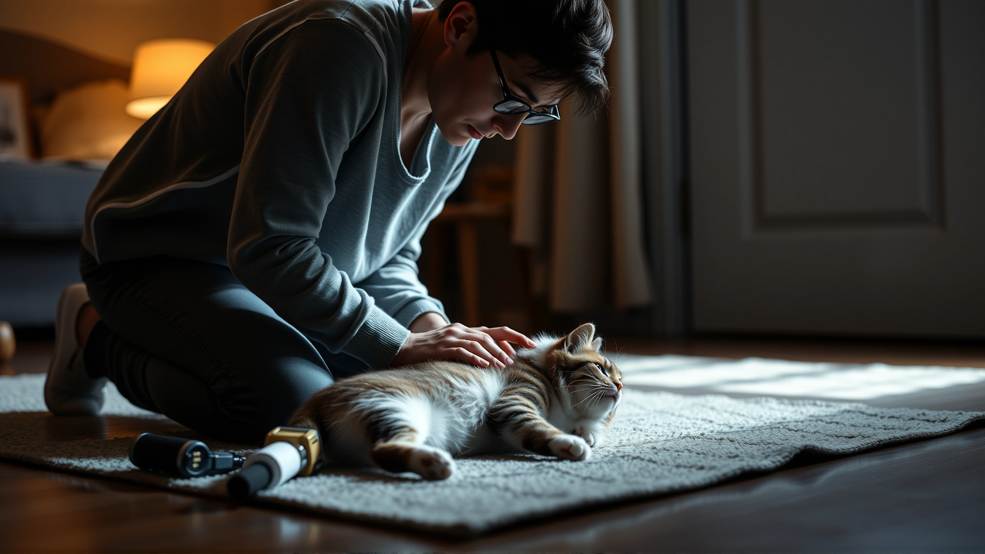 Hero shot of a cat owner kneeling beside their unresponsive cat preparing to start CPR; soft lighting, indoor home environment, dramatic yet hopeful mood