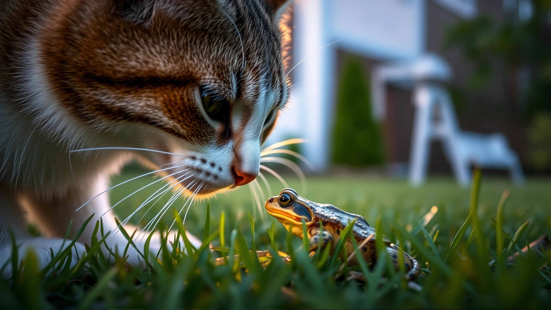 Close-up of a cat sniffing a vibrant toad in a backyard, warm sunset light, high resolution, no text