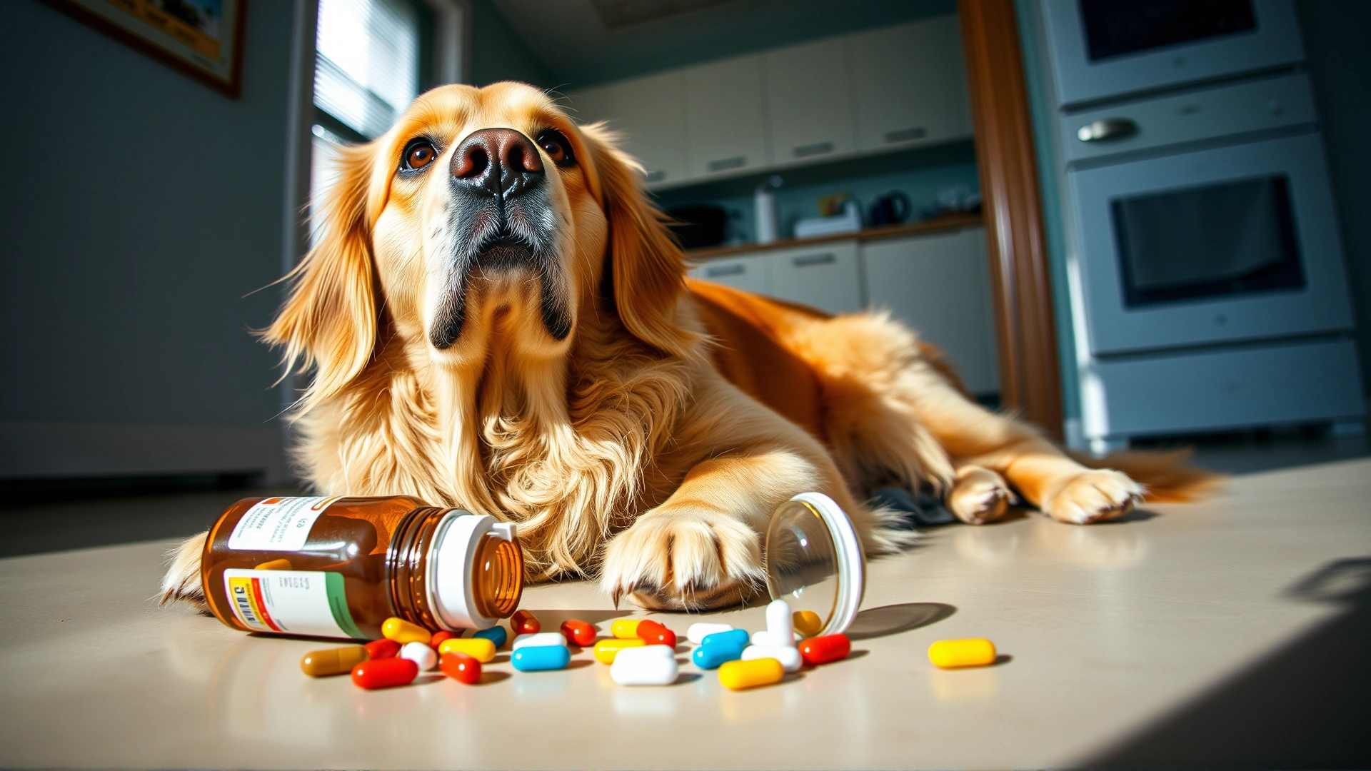 Wide angle shot of a golden retriever looking up worriedly with a spilled pill bottle and colorful capsules on the floor, bright household environment, high resolution