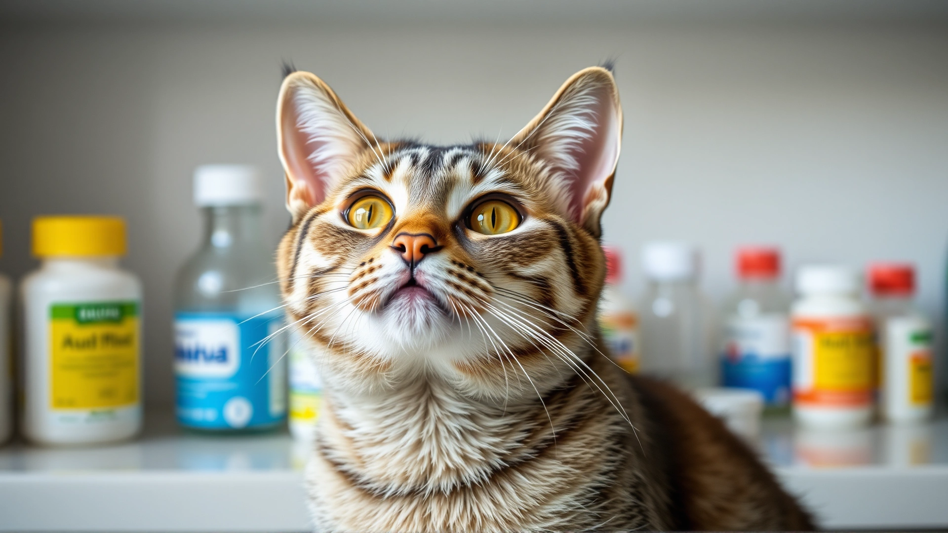 Wide banner image of a grey tabby cat looking up inquisitively with a blurred background of medicine bottles on a countertop, soft natural light