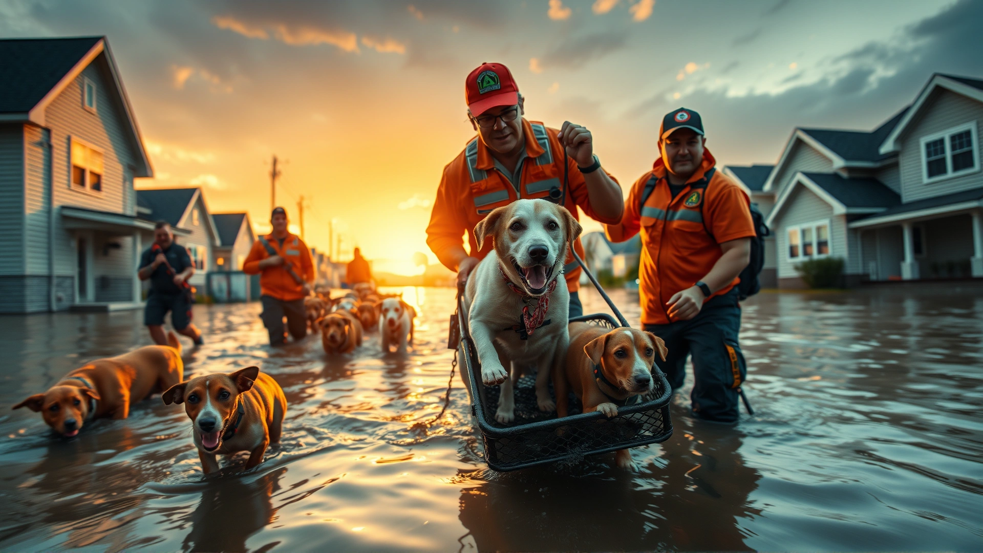 Wide-angle shot of a rescue team evacuating multiple animals (dogs and cats) from a flooded neighborhood during sunset, showing teamwork and urgency.