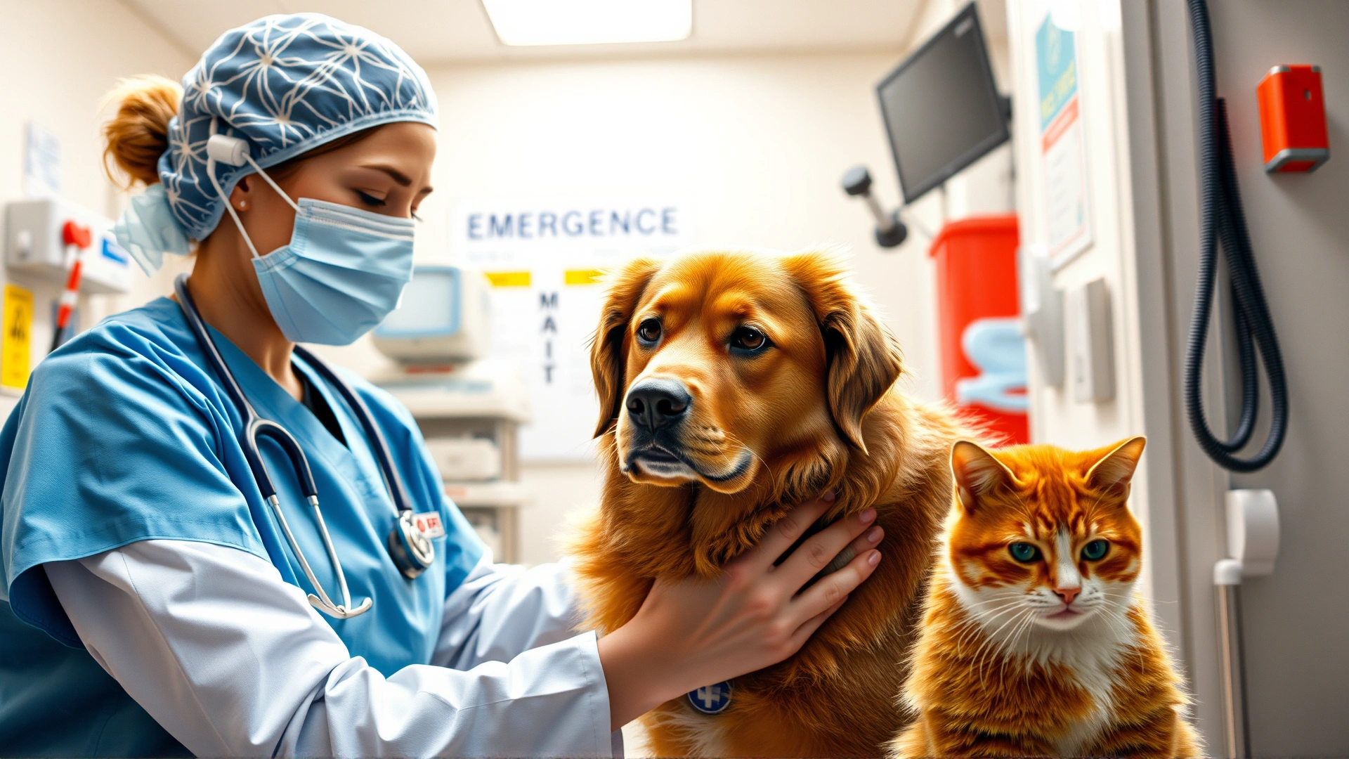 Veterinarian comforting a dog and a cat in an emergency clinic, showing a calm interaction and medical equipment in the background. Bright, inviting atmosphere.