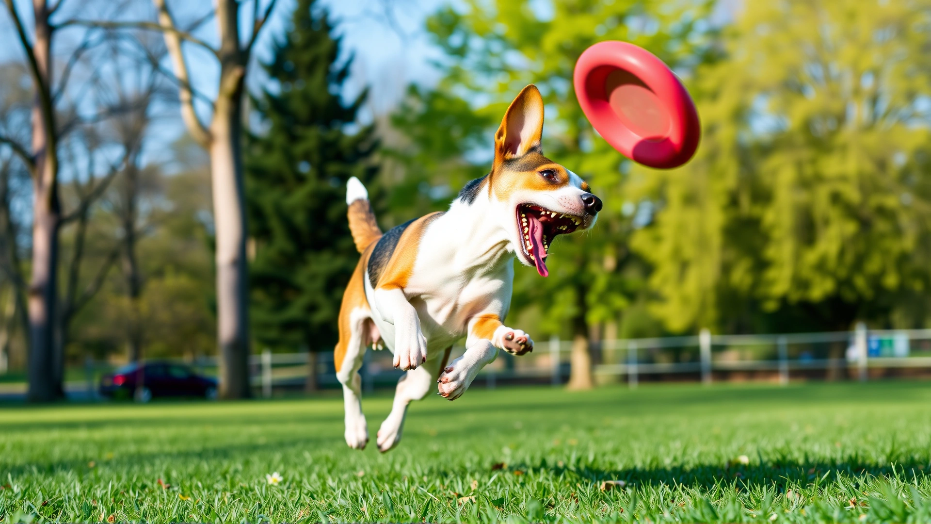 An energetic Toy Fox Terrier mid-leap catching a frisbee in a green park, bright daylight, no text