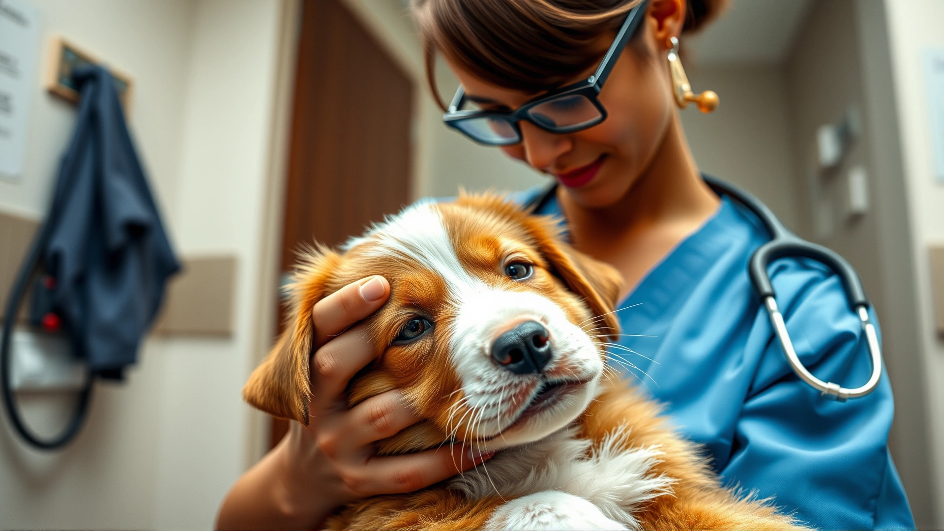 A dynamic wide-angle shot of a veterinarian comforting a sick puppy in a clinic setting, conveying urgency and care