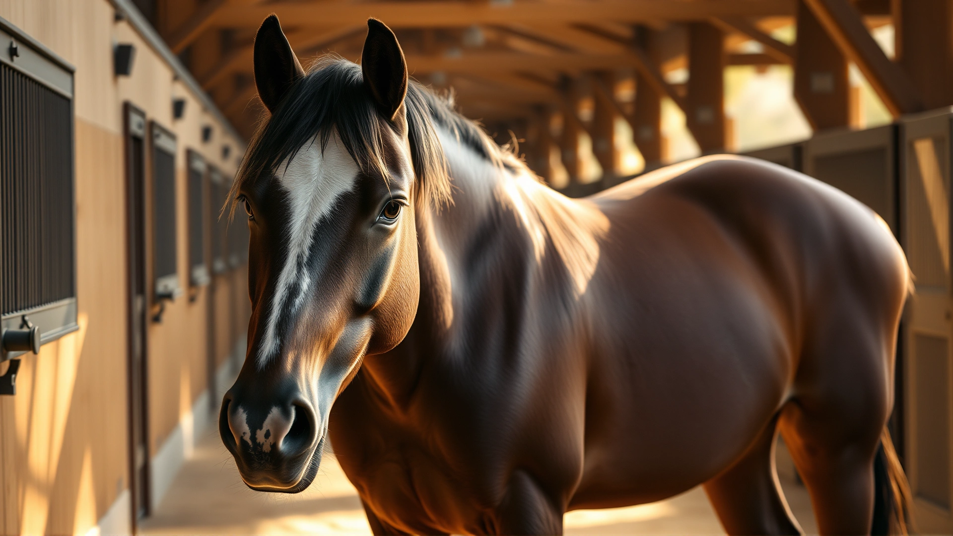 Close shot of a calm stallion standing in a barn aisle with warm sunlight highlighting its coat, representing overall equine health.