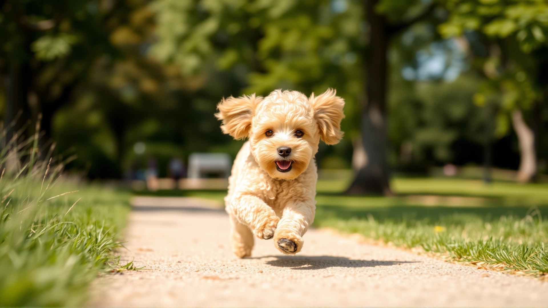 An adorable Toy Poodle running toward the camera in a sunlit park, ears flapping and grass slightly blurred to convey motion