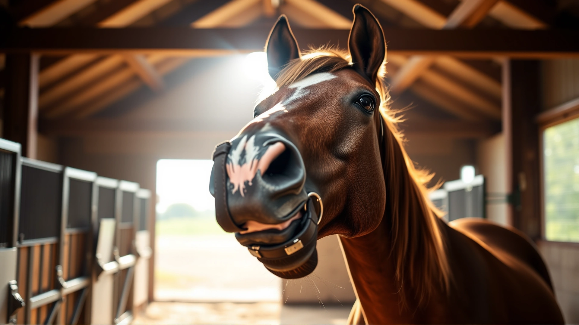 Wide-angle shot of a majestic horse in a stable with soft natural light, head slightly turned to reveal its mouth area, suitable for a banner image without any text.