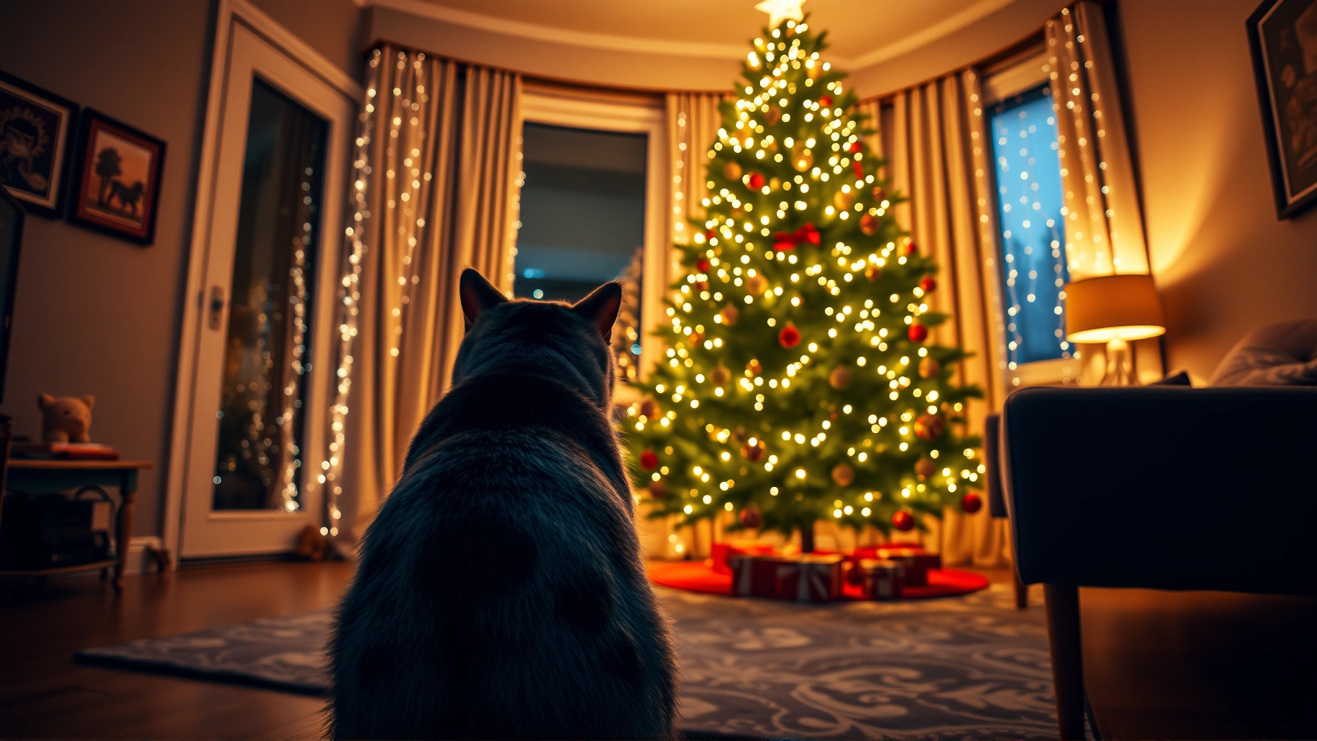 Wide-angle shot of a living room at night with a twinkling Christmas tree and a cat sitting in front of it, captured from behind the cat to highlight its curiosity.