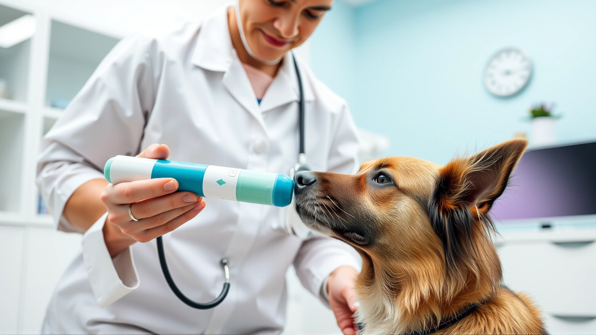 A veterinarian demonstrating how to use a pet inhaler with a relaxed dog in a bright, modern clinic setting.