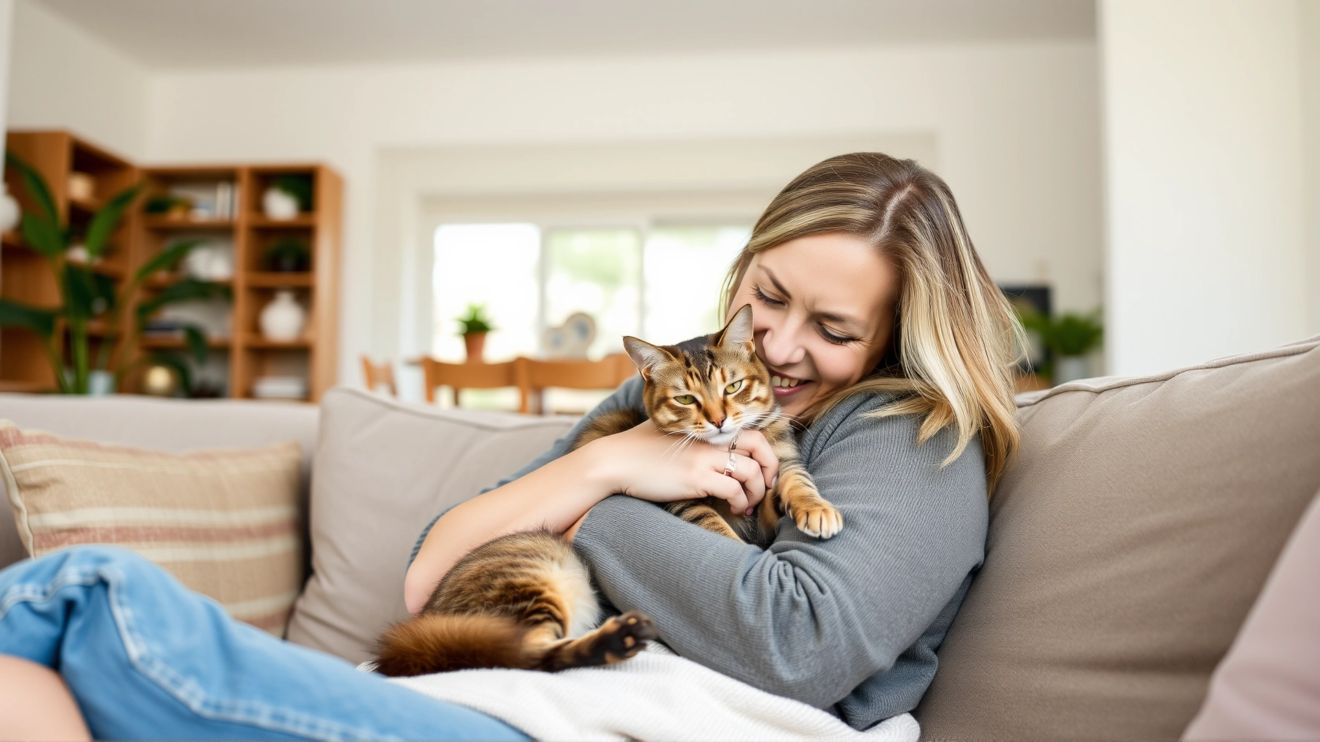 Happy woman cuddling her tabby cat on a couch in a bright living room, showing mutual affection, natural light, lifestyle photography.