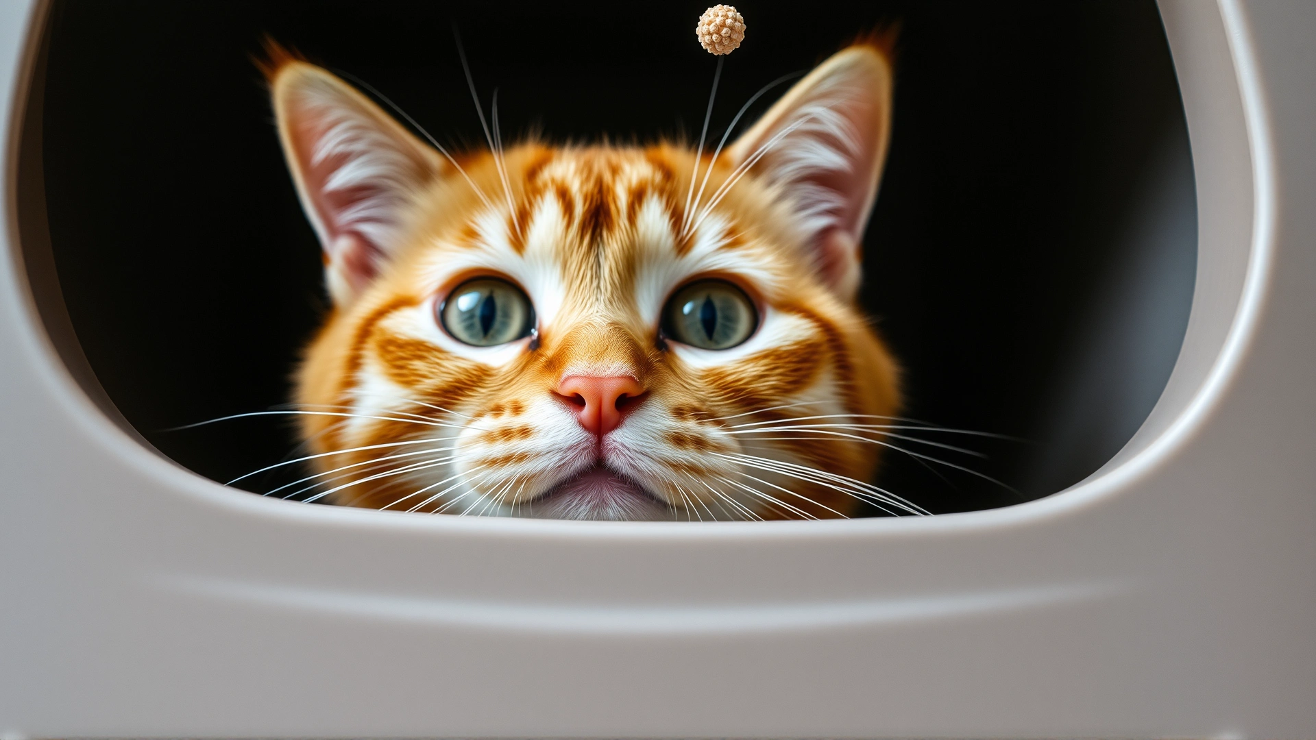 Close-up front view of a curious orange tabby cat peeking over the edge of a litter box, with a few litter granules floating in the air, on a neutral background.