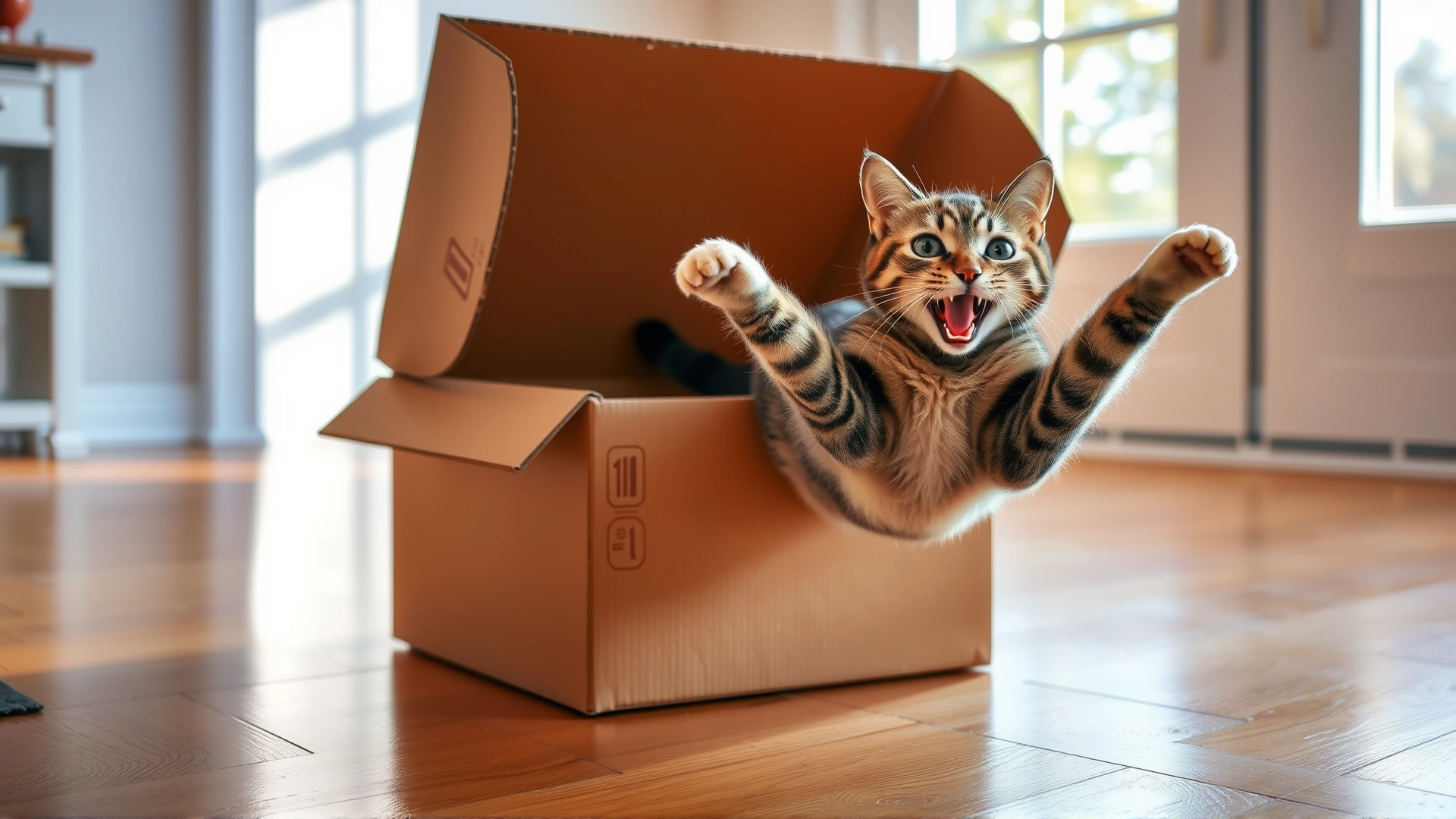 Full-body shot of an excited tabby cat mid-leap into an open cardboard shipping box on a hardwood floor, morning sunlight streaming through a nearby window.