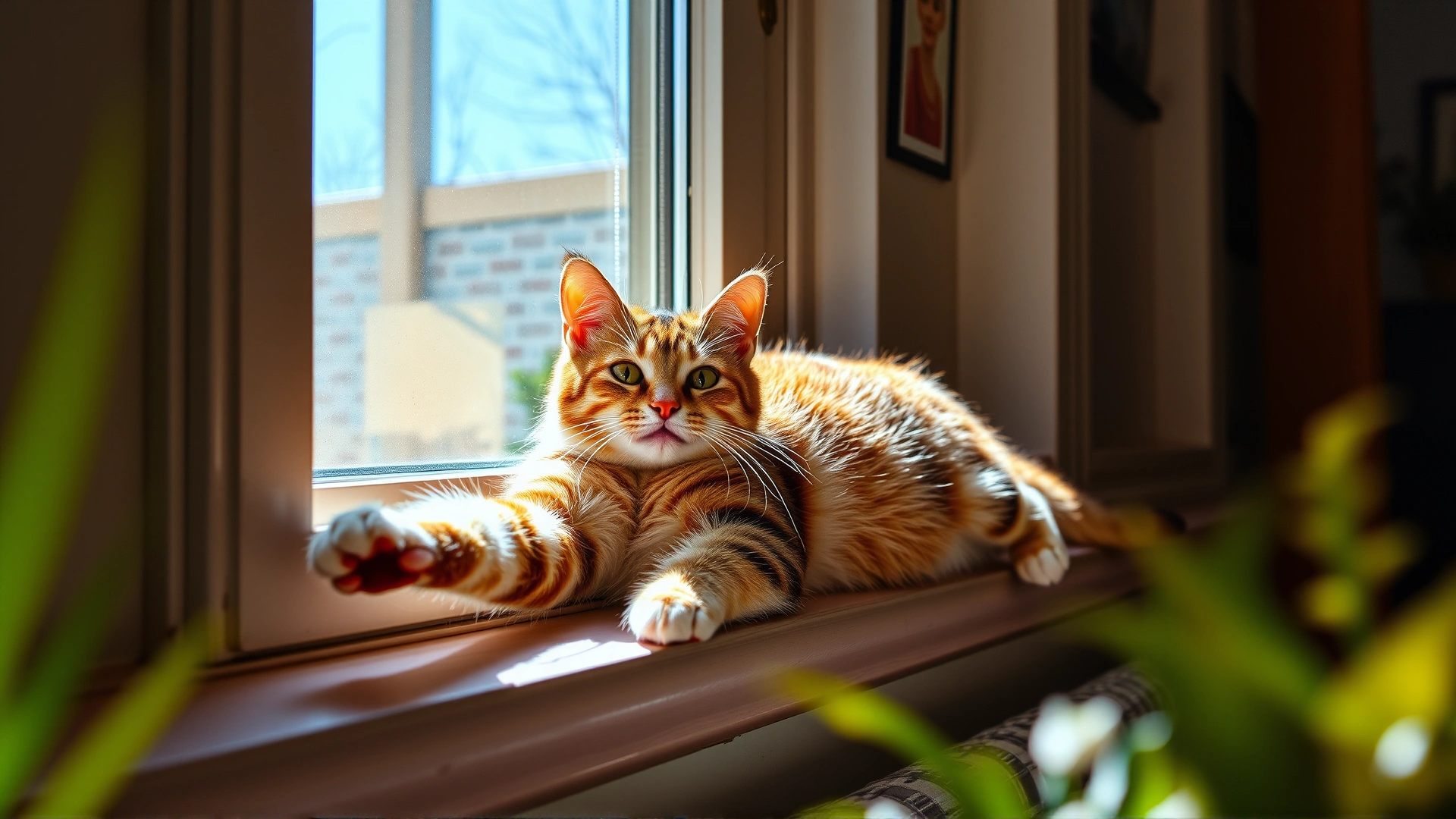 A playful American domestic cat stretching on a sunny windowsill, vibrant colors, cozy home interior, high-resolution photo