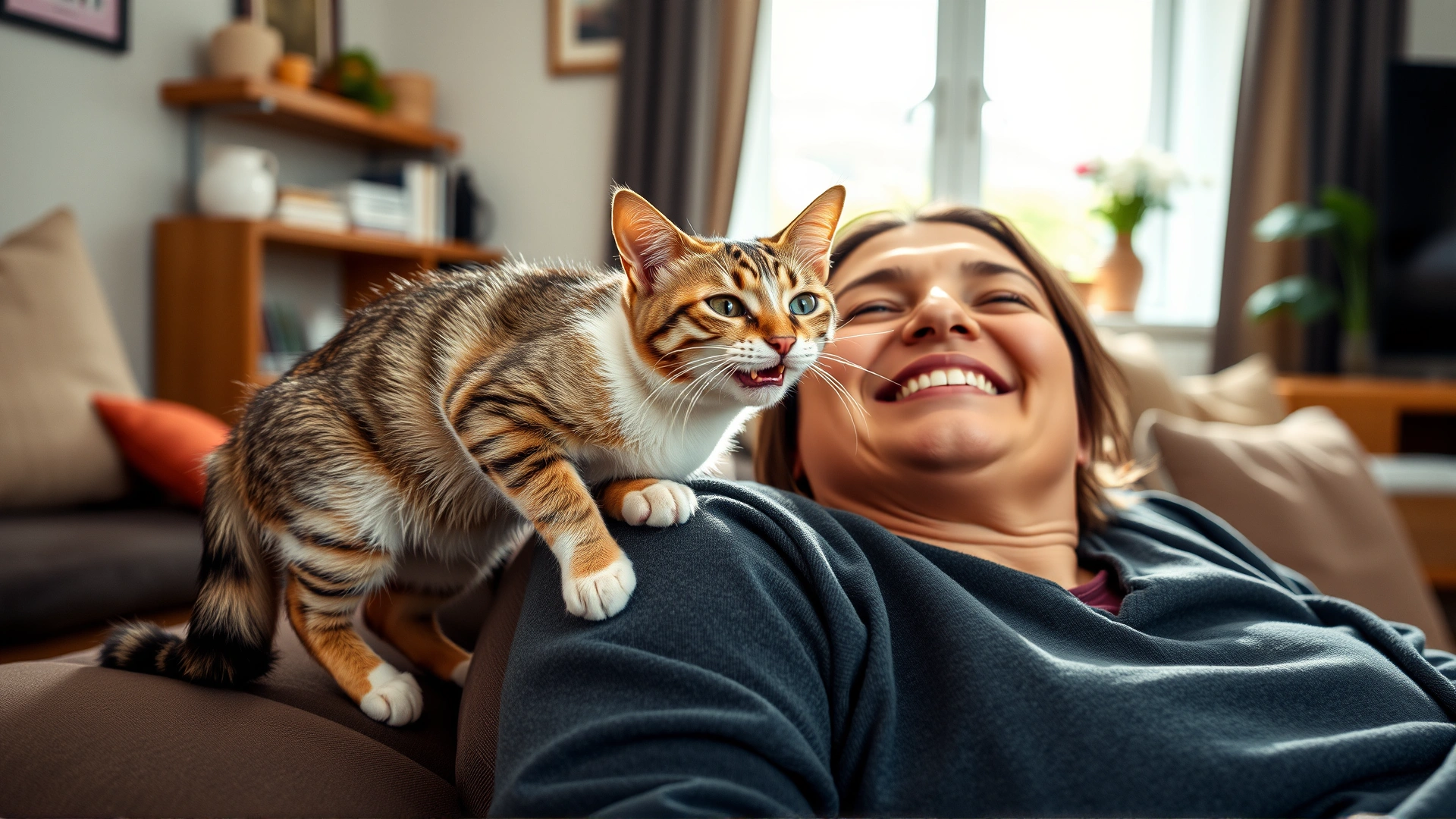Wide, softly lit living-room scene with a happy cat perched on a couch arm, leaning forward to lick a smiling owner's cheek; captures the overall theme of cat affection.