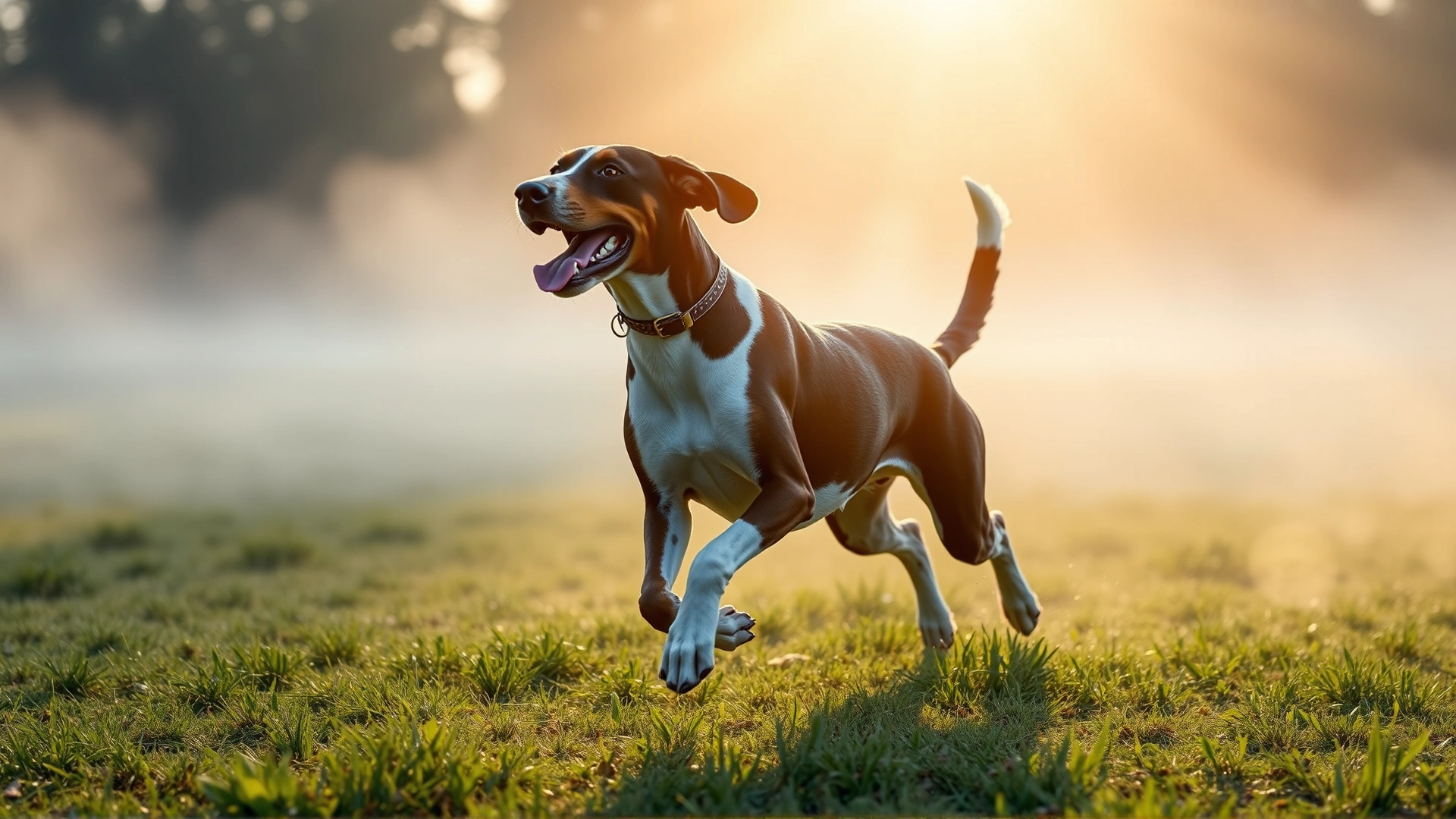 Wide-angle shot of a Treeing Walker Coonhound running through an open meadow with morning mist and sun rays, conveying energy and freedom.