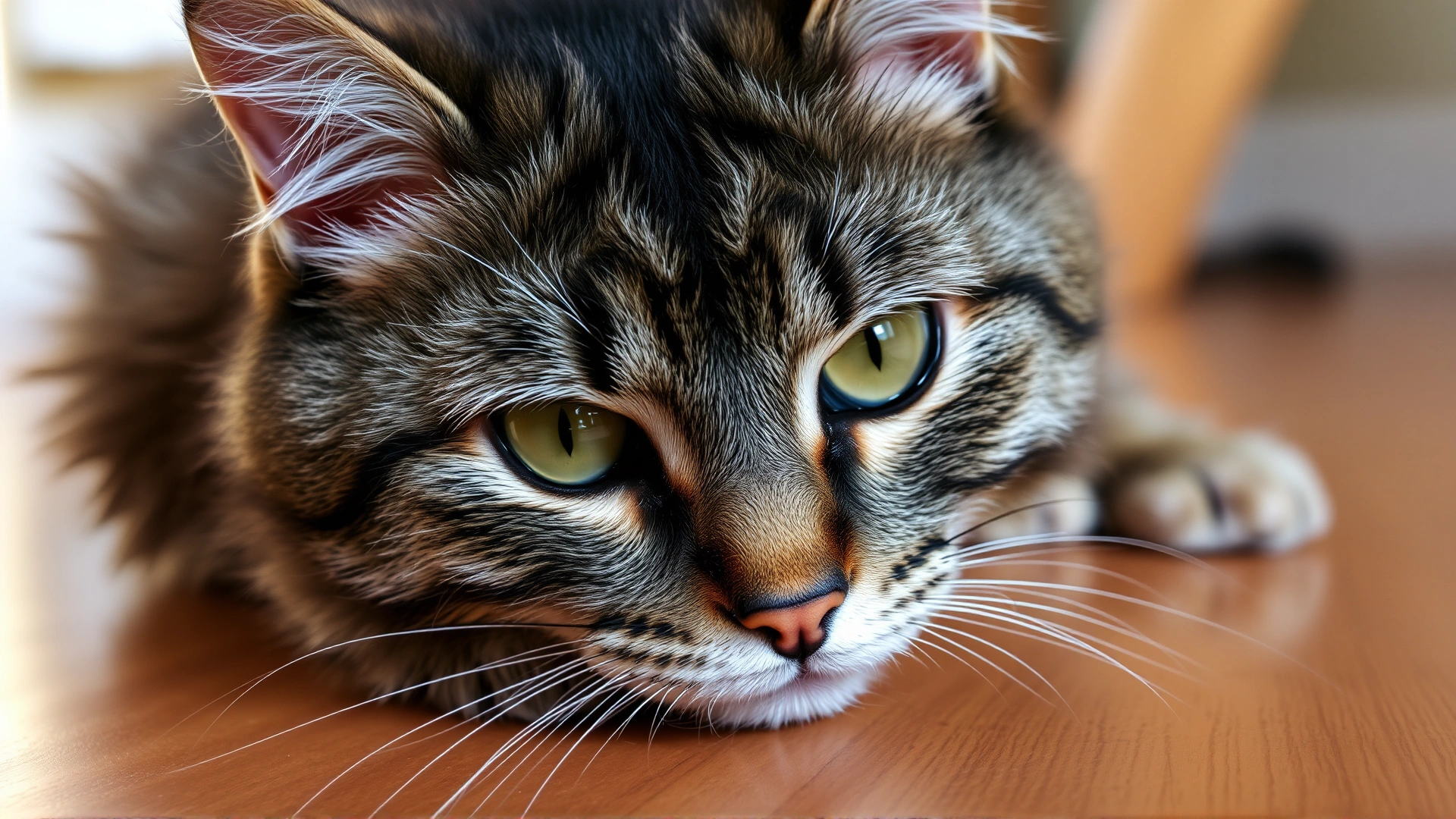Close-up portrait of an American Wirehair cat on a wooden floor, clearly showing its curly, wiry coat texture under soft natural lighting